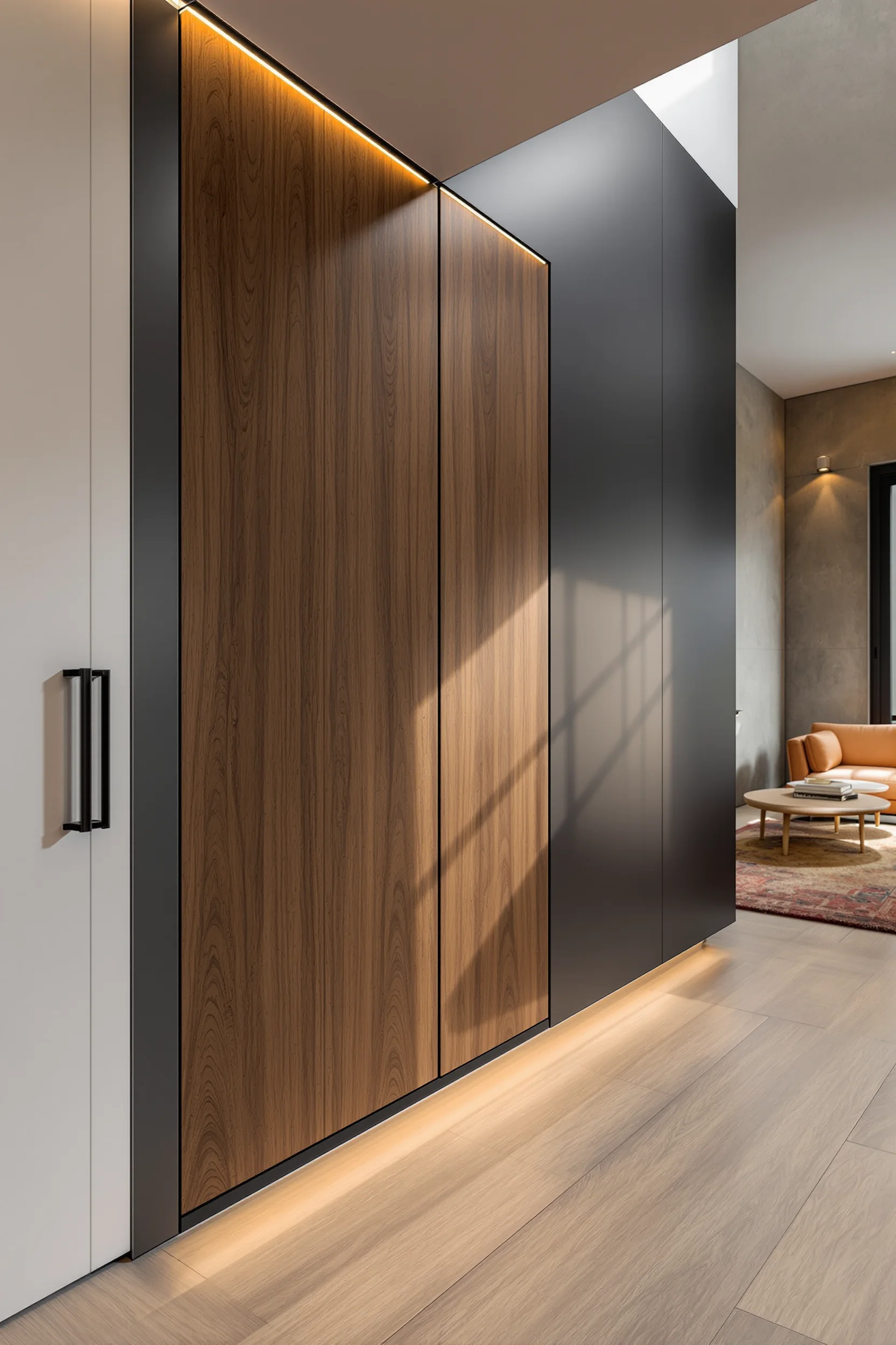 basement layout designs showing sleek minimalist storage system with matte black hardware against textured concrete accent wall