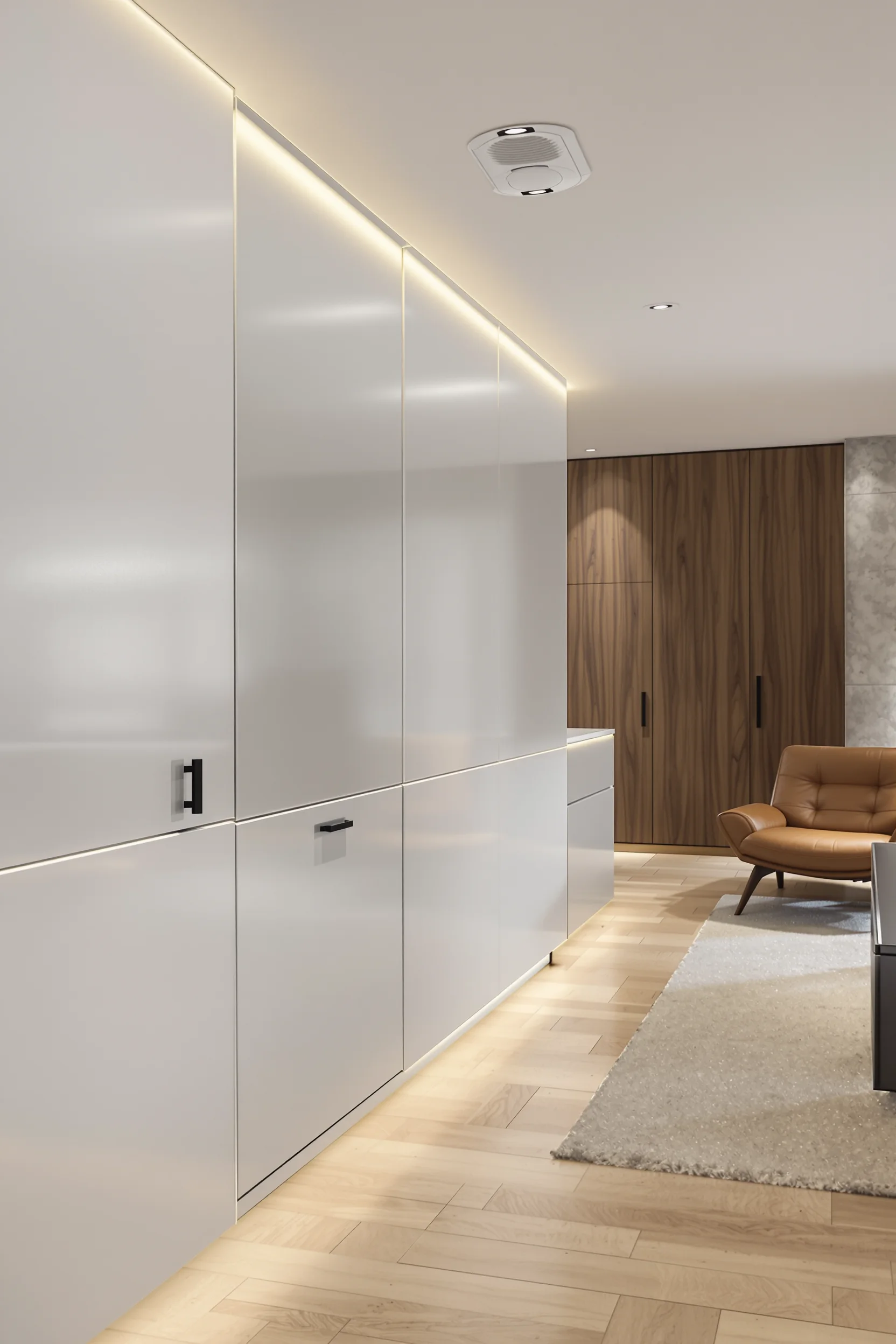 basement layout inspiration displaying white oak flooring with leather lounge chair and concealed led strip lighting effects
