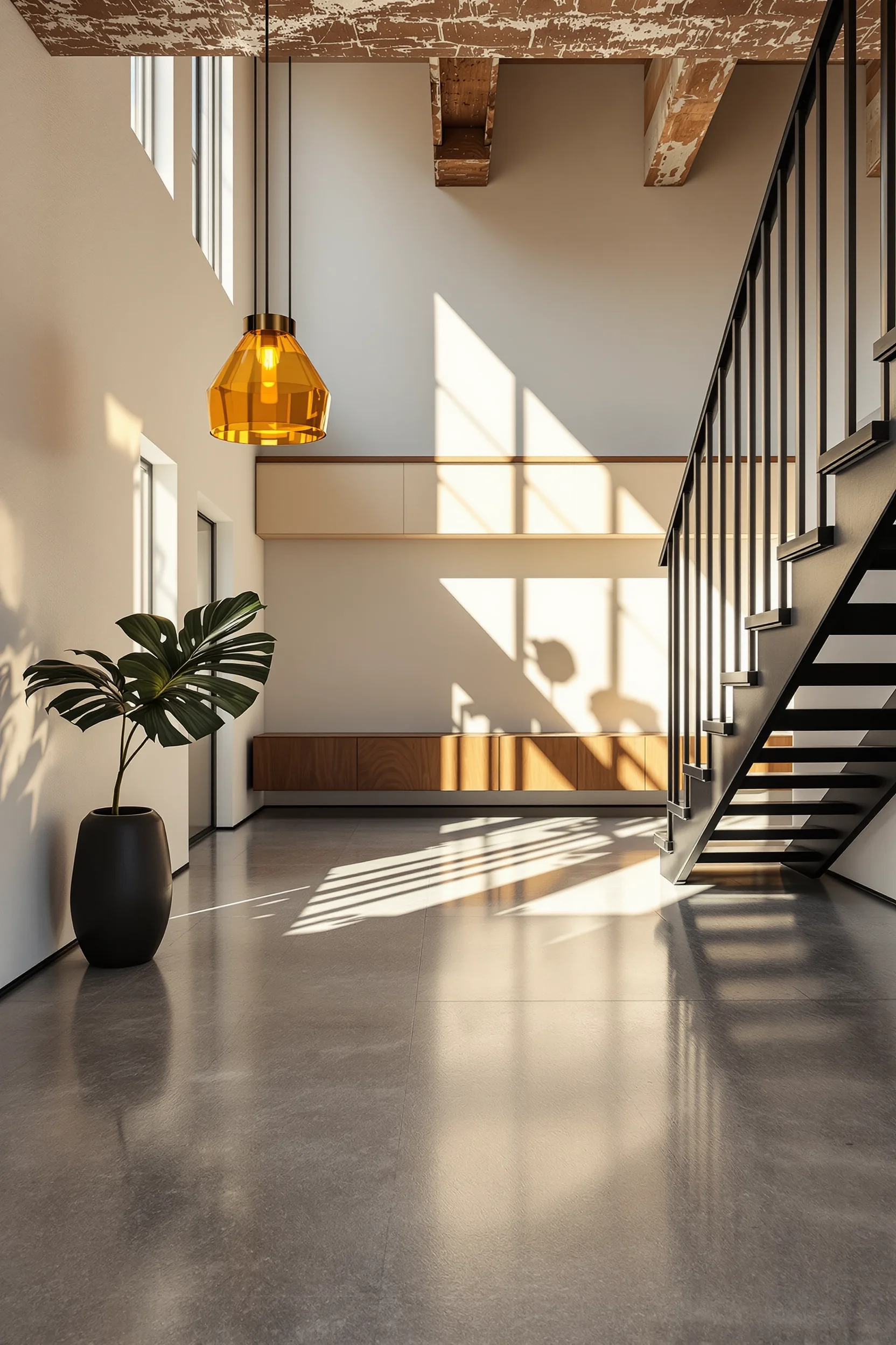 basement minimalist aesthetics with polished gray concrete golden hour sunlight industrial beam floating wood shelf minimal decor
