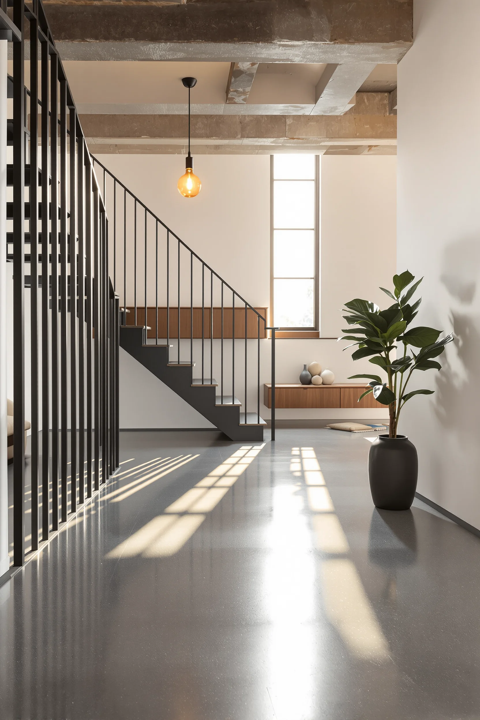 basement minimalist design ideas featuring polished concrete floor warm pendant light black metal staircase railing walnut floating shelf