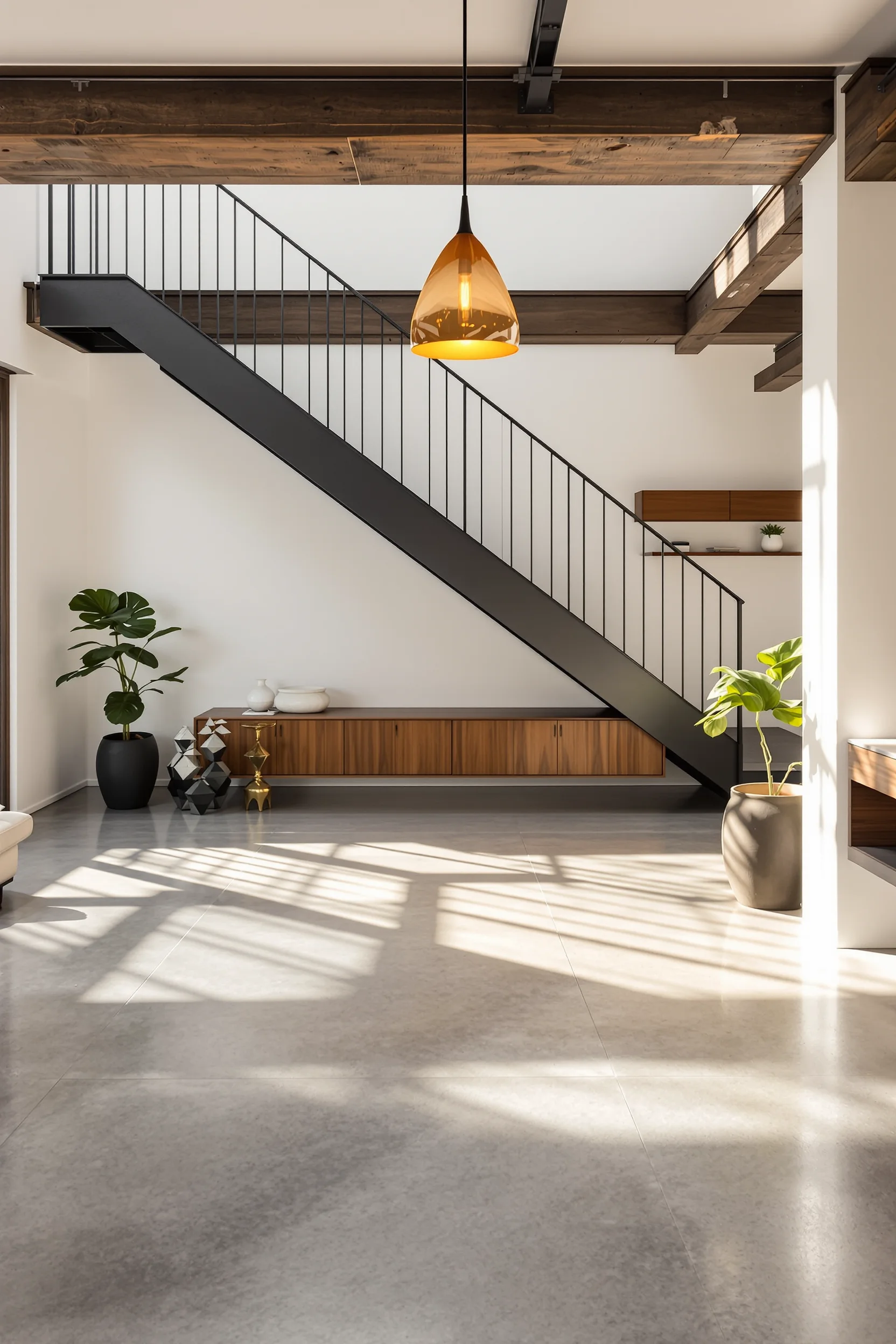 basement minimalist inspiration showing concrete surface dramatic lighting vertical black railing walnut shelf monstera plant accent