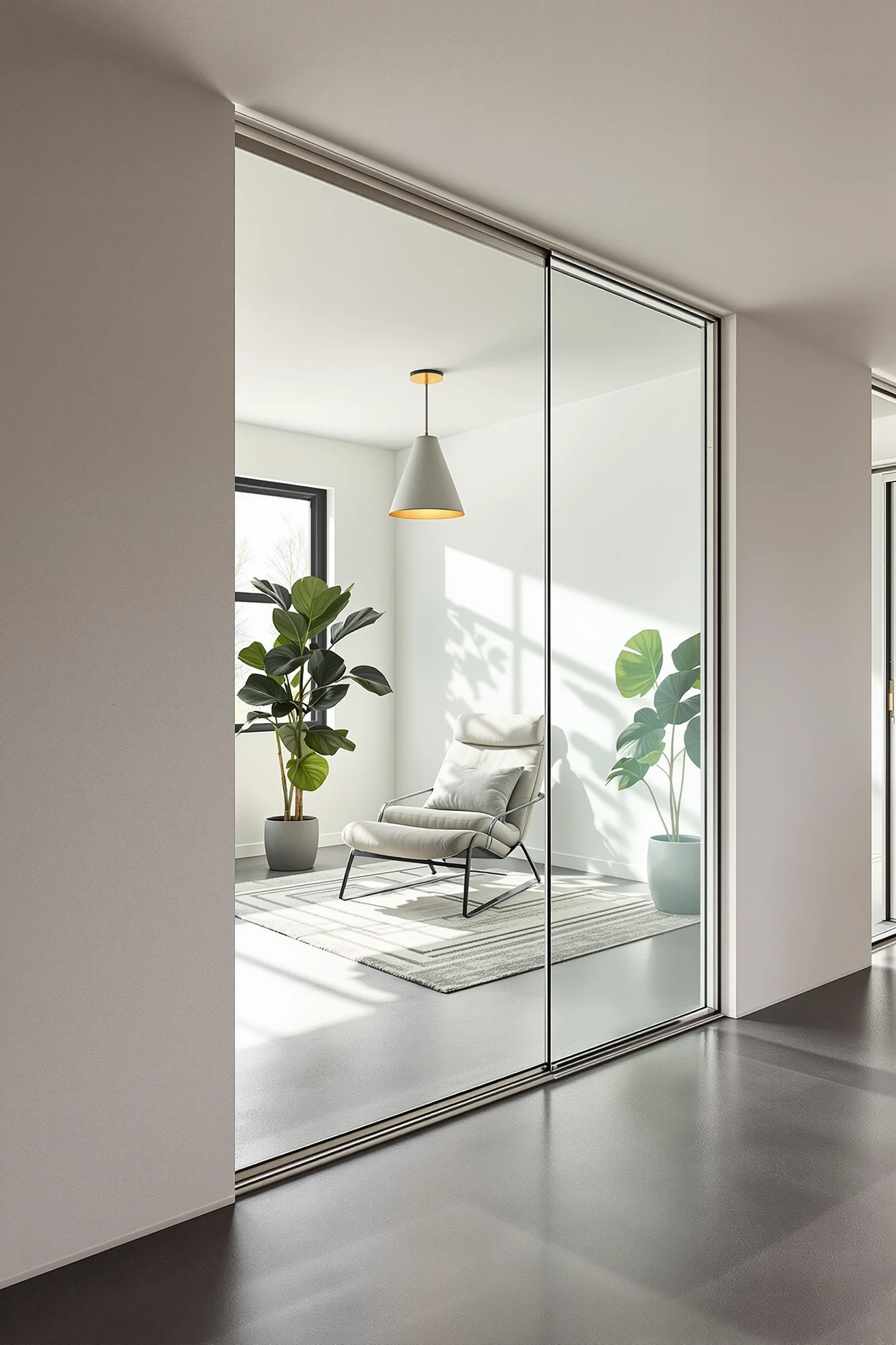 basement renovations inspiration showing modern glass wall divider with dramatic natural lighting and chrome hardware