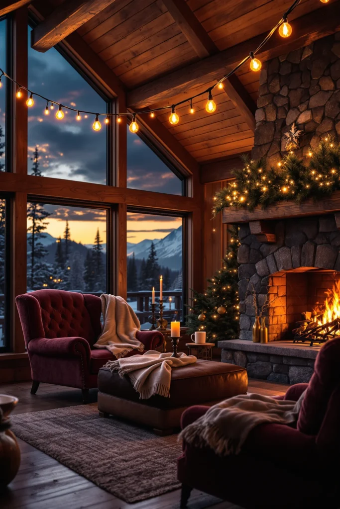 christmas mountain lodge living room ideas featuring warm string lights draped across rustic wood beams with stone fireplace