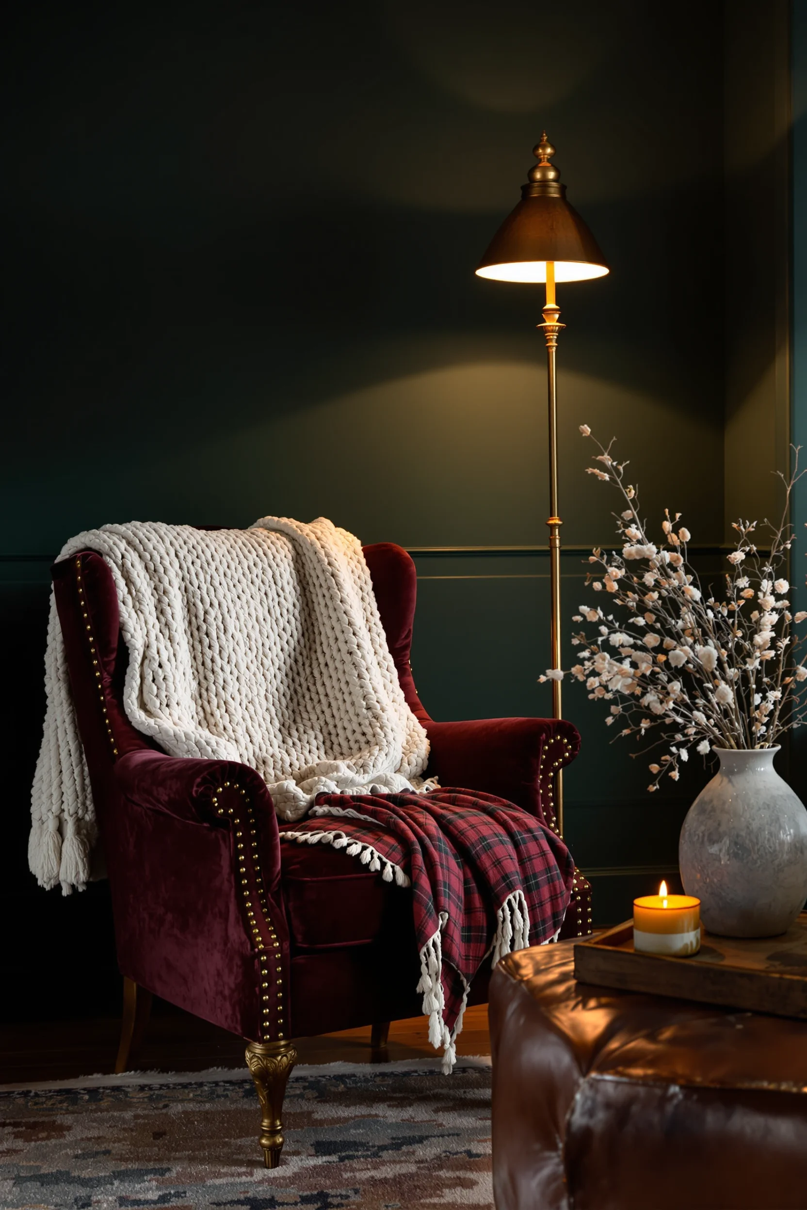cottagecore christmas living room ideas featuring emerald walls with layered wool blankets and warm candlelight creating cozy atmosphere