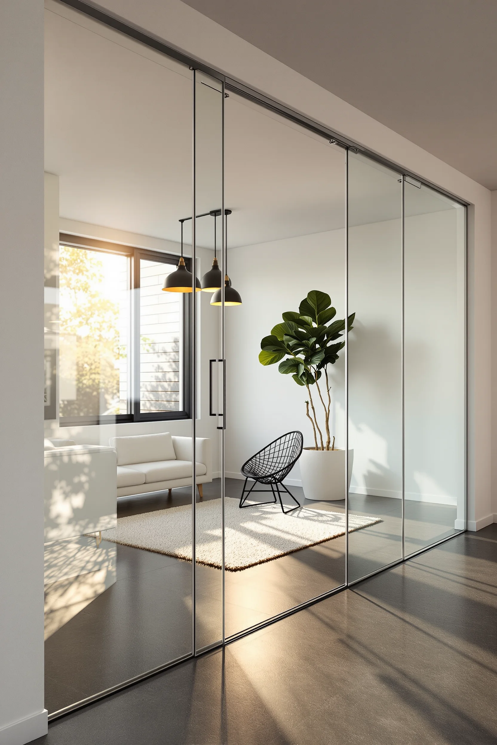 cozy basement designs showcasing contemporary minimalist interior with glass wall and charcoal concrete floors