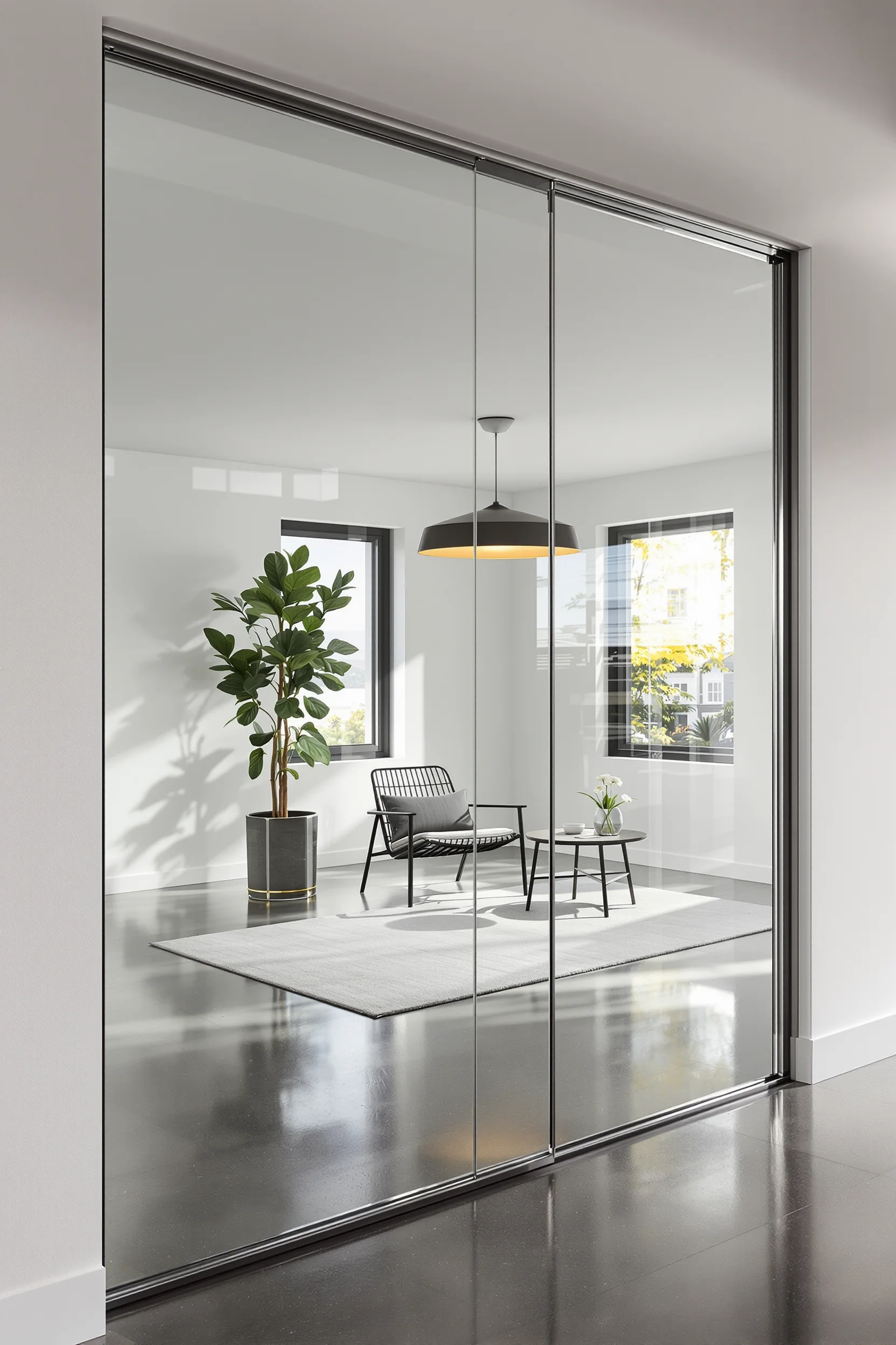 cozy basement ideas featuring minimalist design with floor to ceiling frameless glass partition and concrete flooring