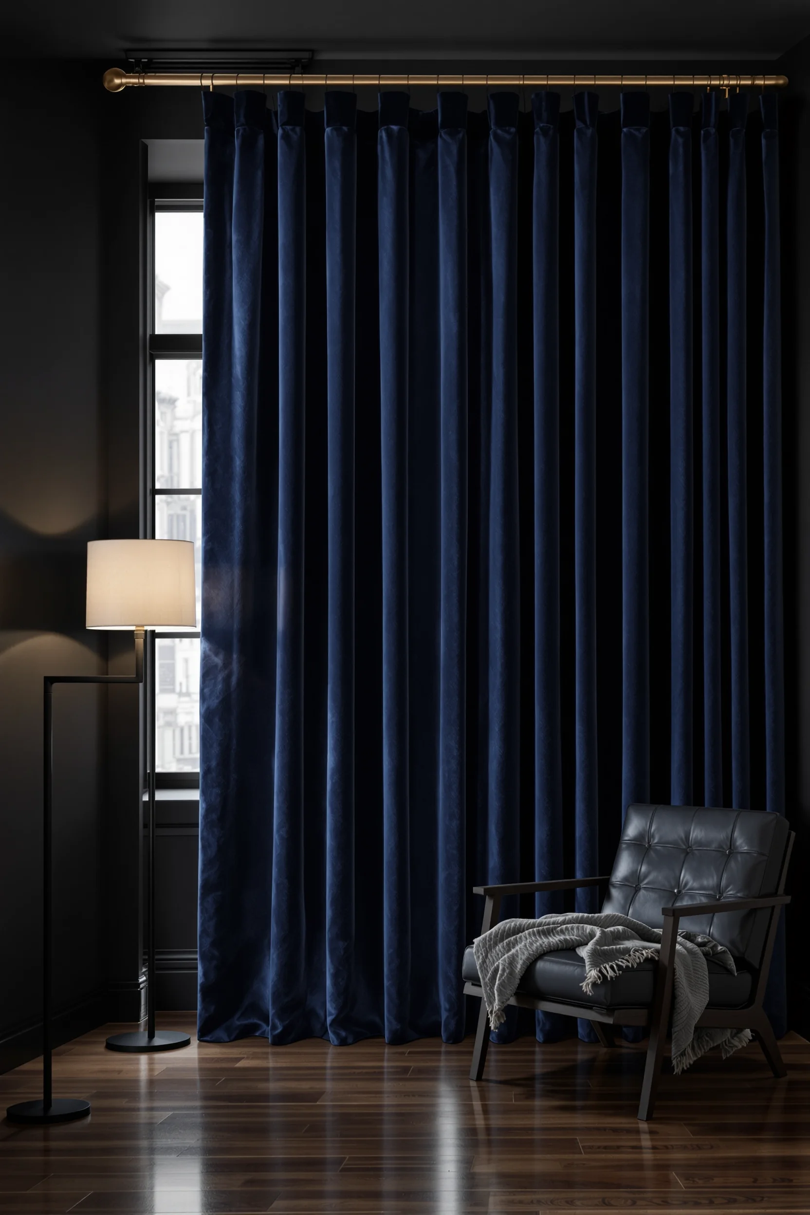 dark academia apartment ideas featuring navy velvet curtains charcoal walls brass hardware and moody evening lighting creating scholarly atmosphere