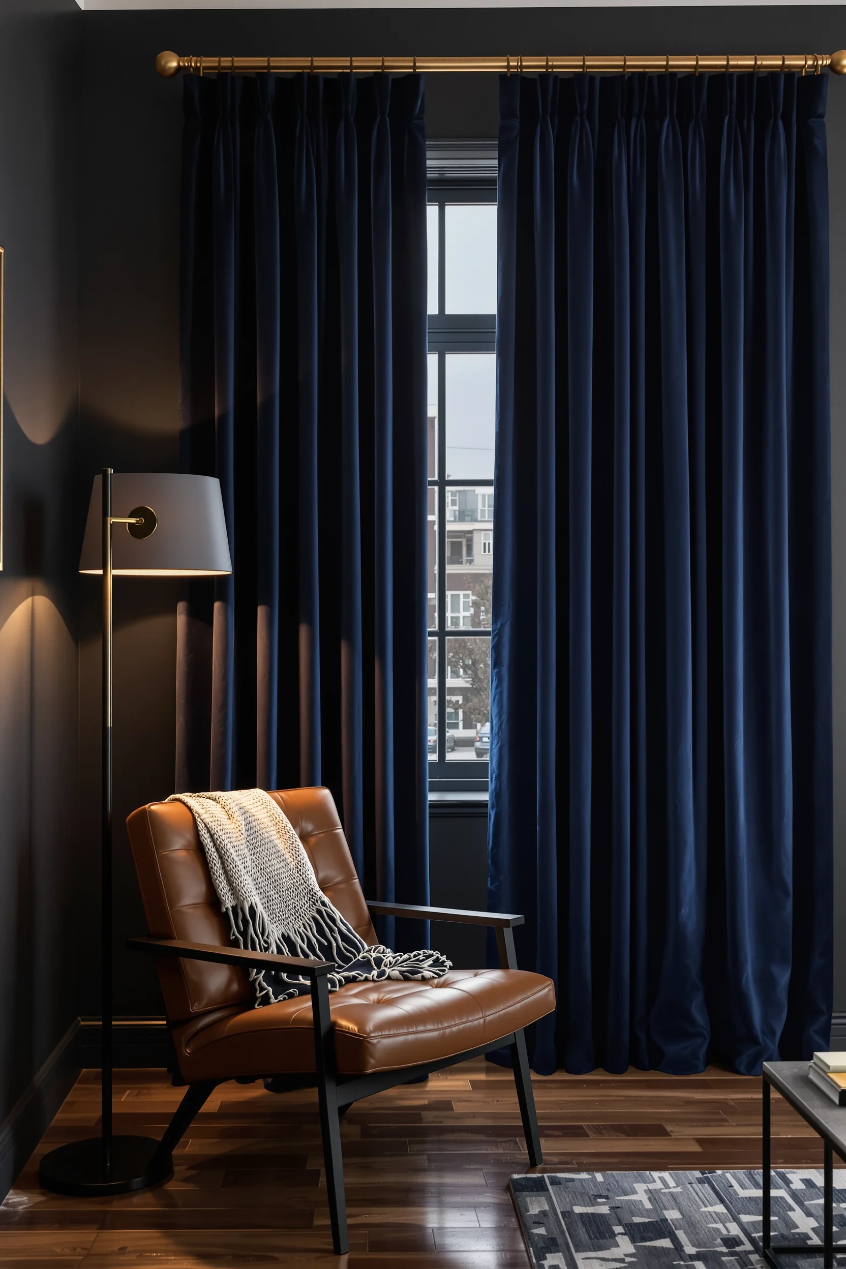 dark academia apartment inspiration showing dramatic window treatments matte black hardware cozy throw blanket and layered ambient shadows