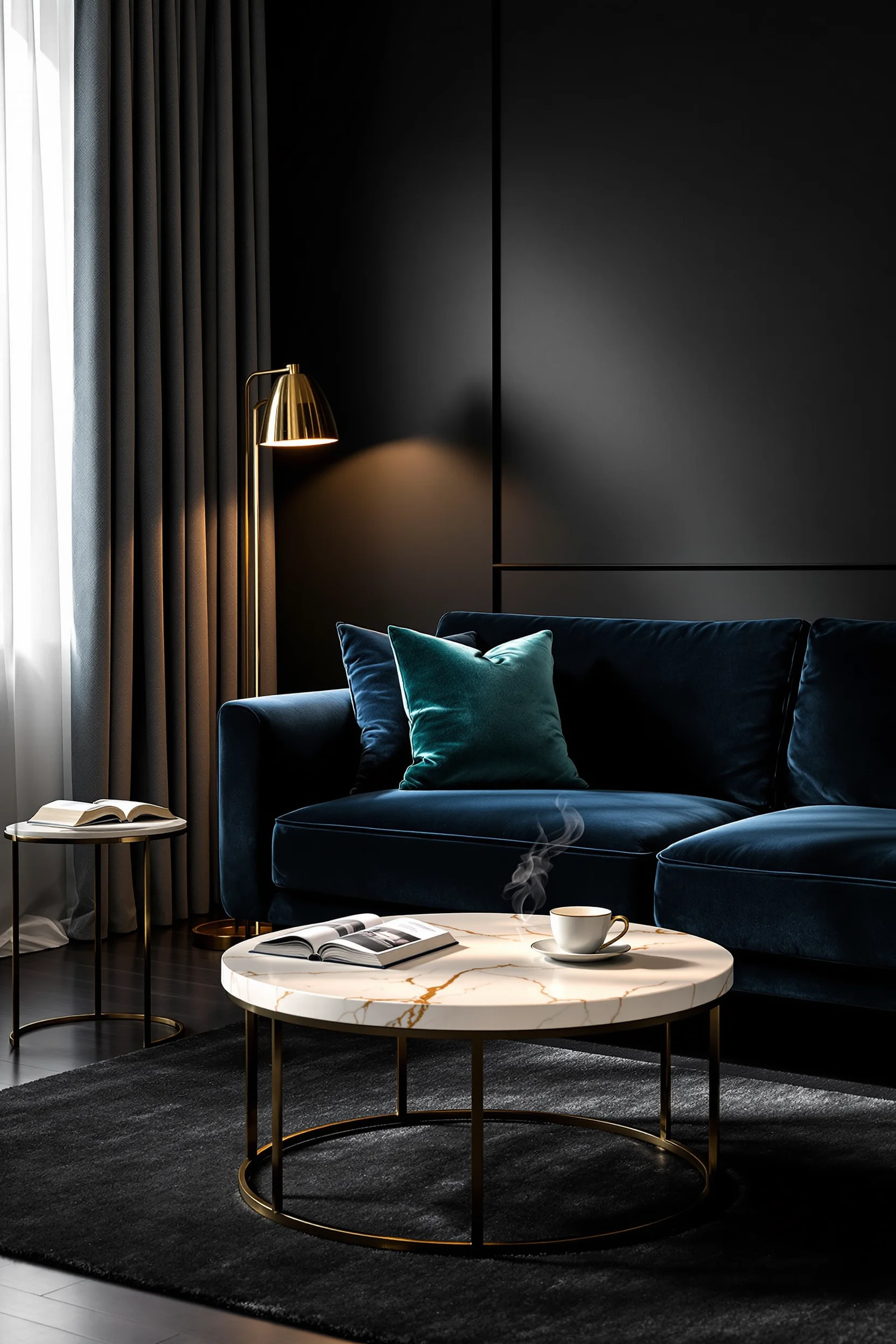 dark apartment aesthetic designs showing midnight blue furniture with gold accents and warm ambient lighting in modern space