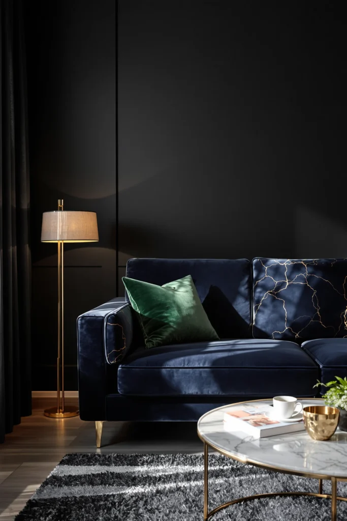dark apartment aesthetic ideas featuring navy velvet sofa with marble coffee table and dramatic spotlight creating moody ambiance