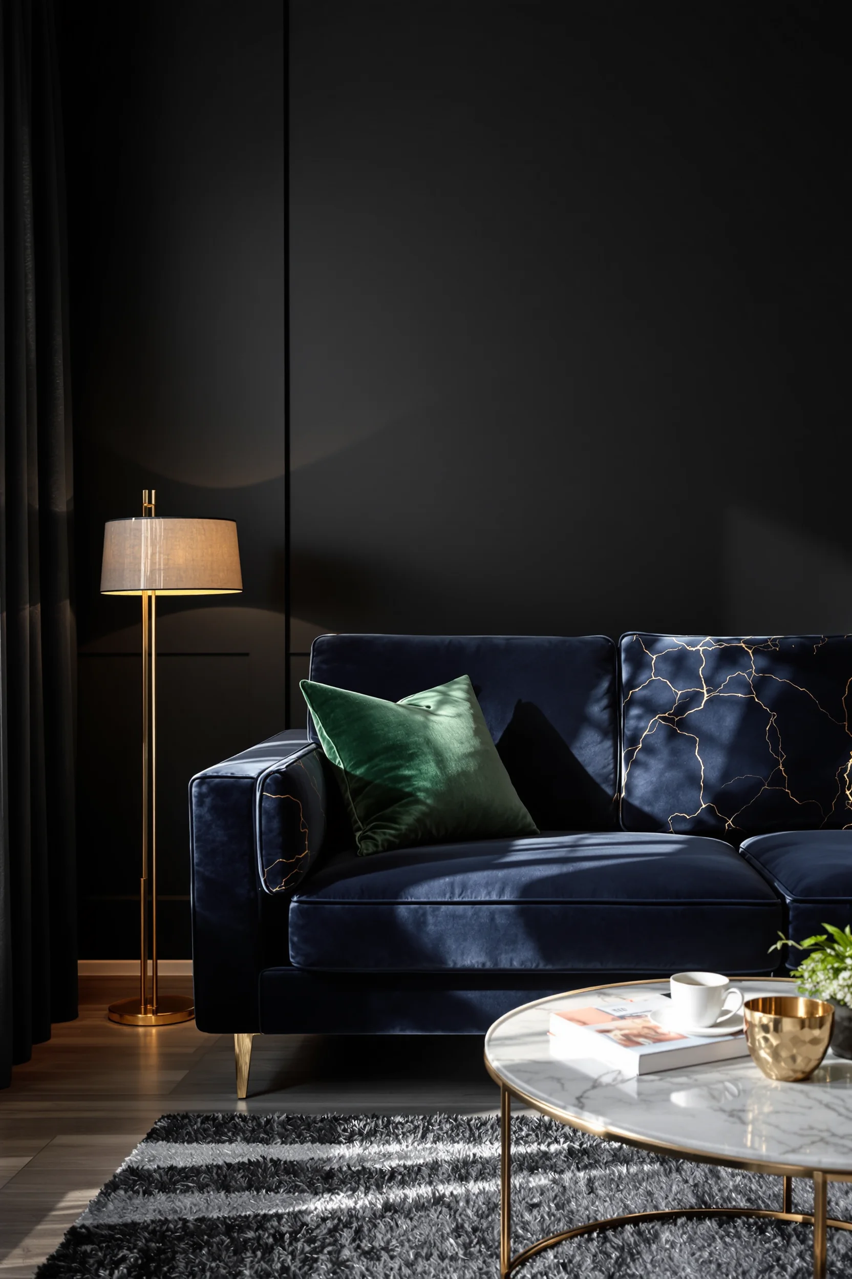 dark apartment aesthetic ideas featuring navy velvet sofa with marble coffee table and dramatic spotlight creating moody ambiance