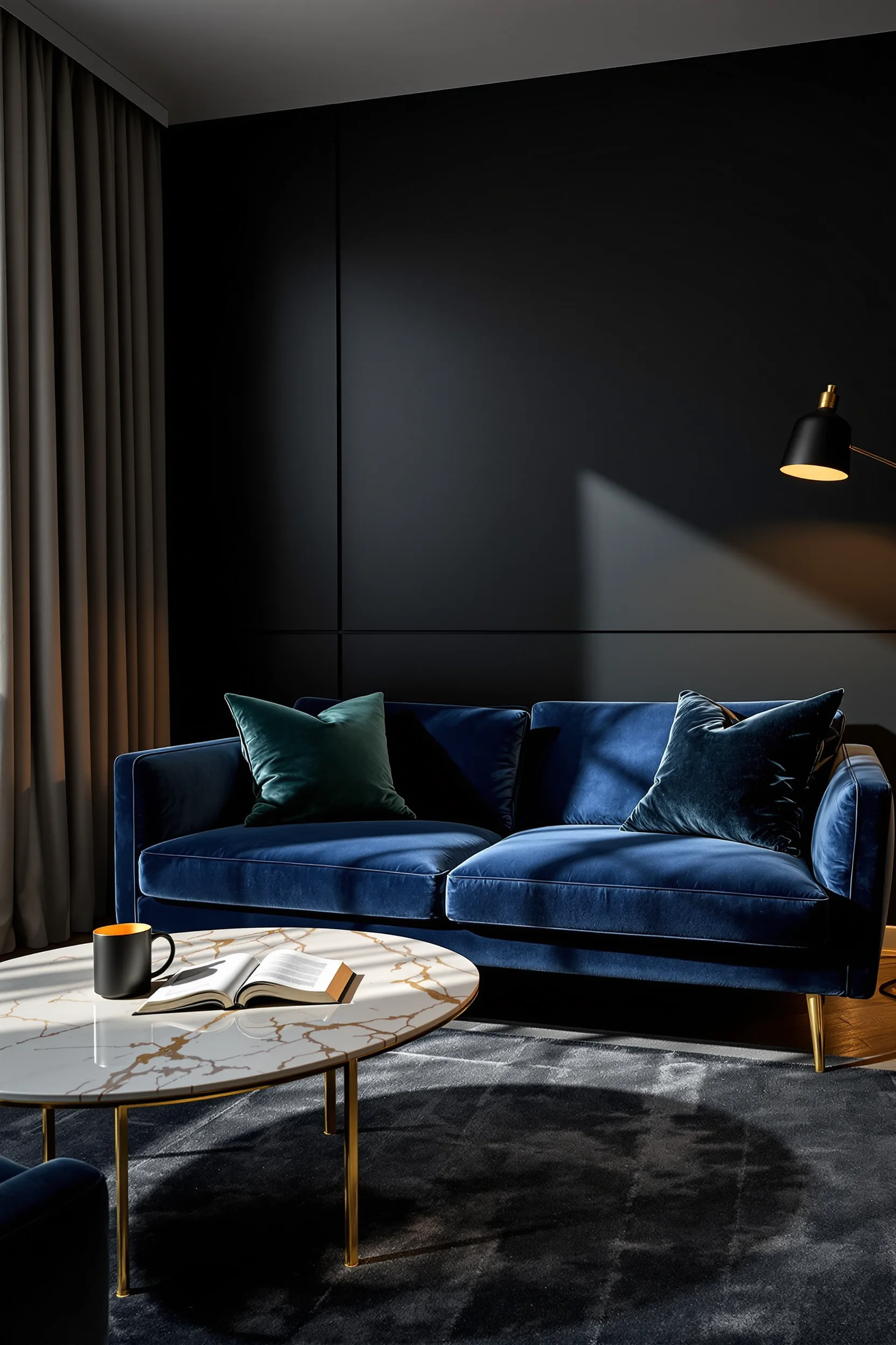 dark apartment aesthetic inspiration with jewel tone textiles brass details and layered lighting in contemporary living room