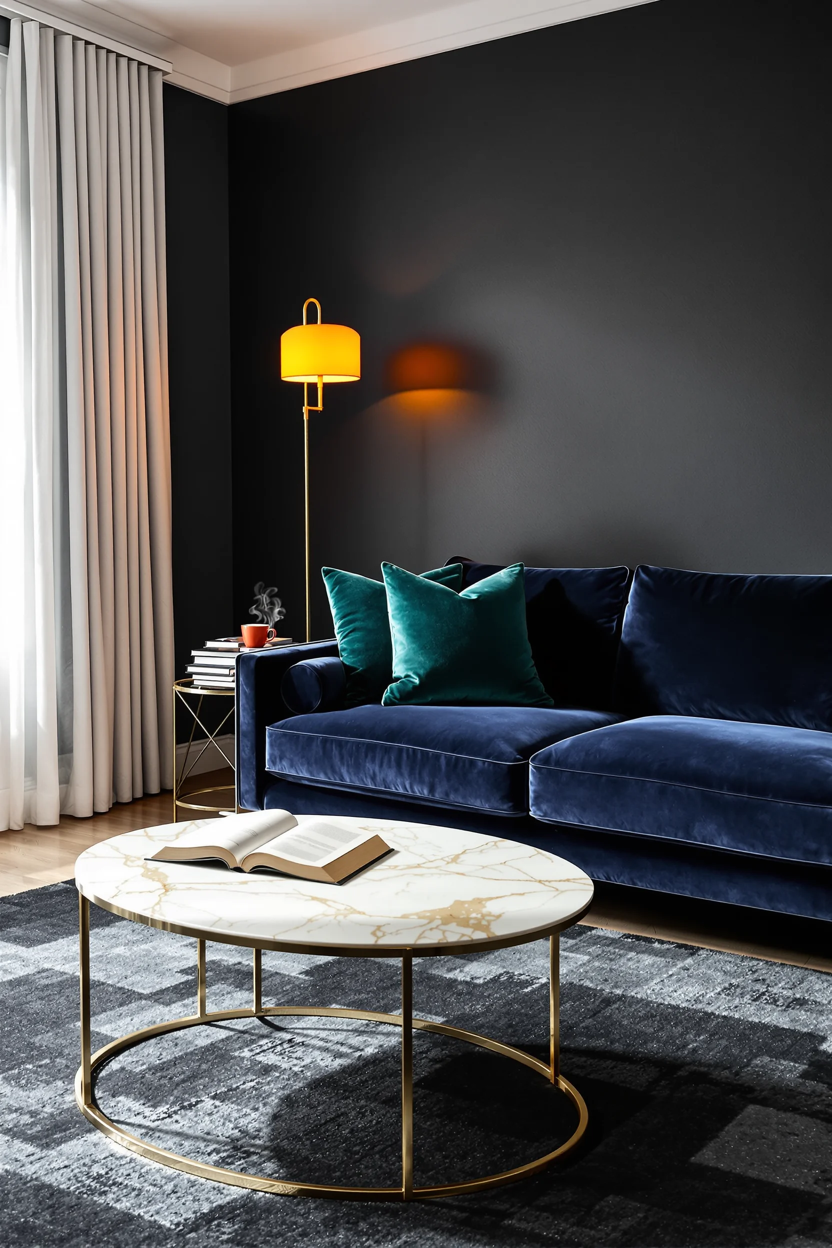 dark apartment aesthetic styles displaying rich navy upholstery contrasted with cream marble and metallic finishes throughout