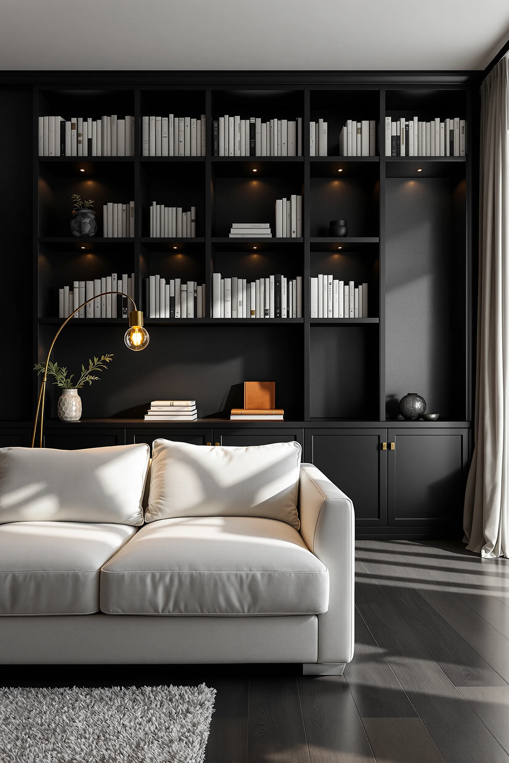 dark apartment aesthetics showcasing moody living room with floor lamp and geometric lighting patterns