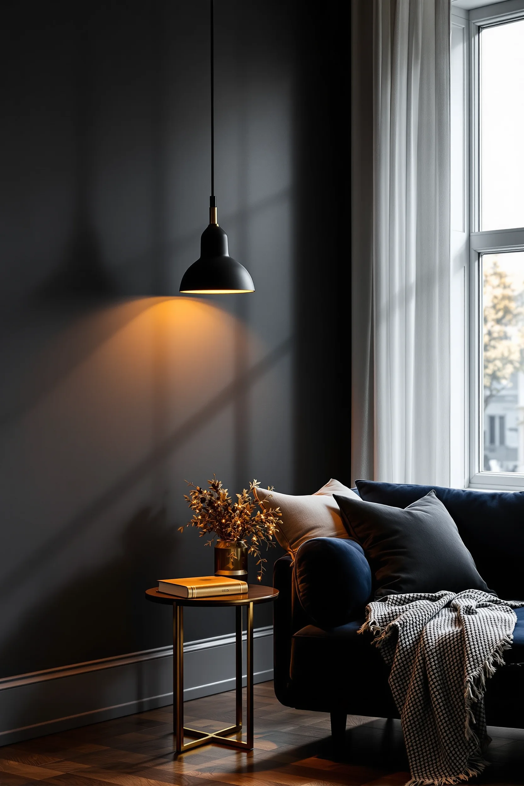 dark apartment decor aesthetics highlighting golden hour light streaming through window onto deep navy furniture and wood
