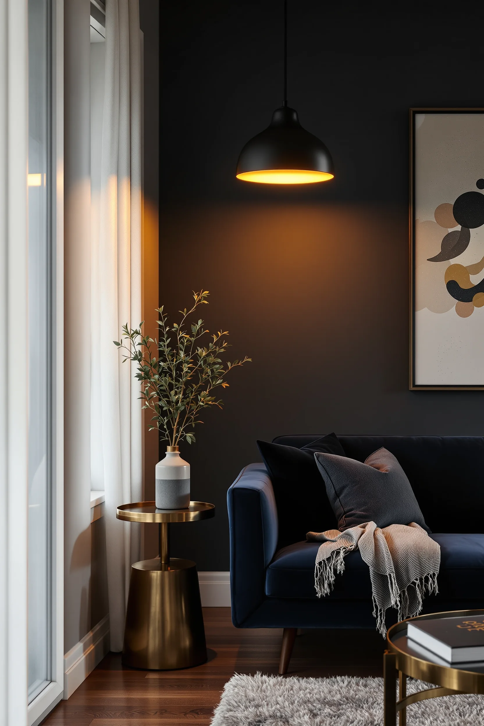 dark apartment decor designs showcasing moody charcoal walls with amber lighting and brass accent table beside sofa
