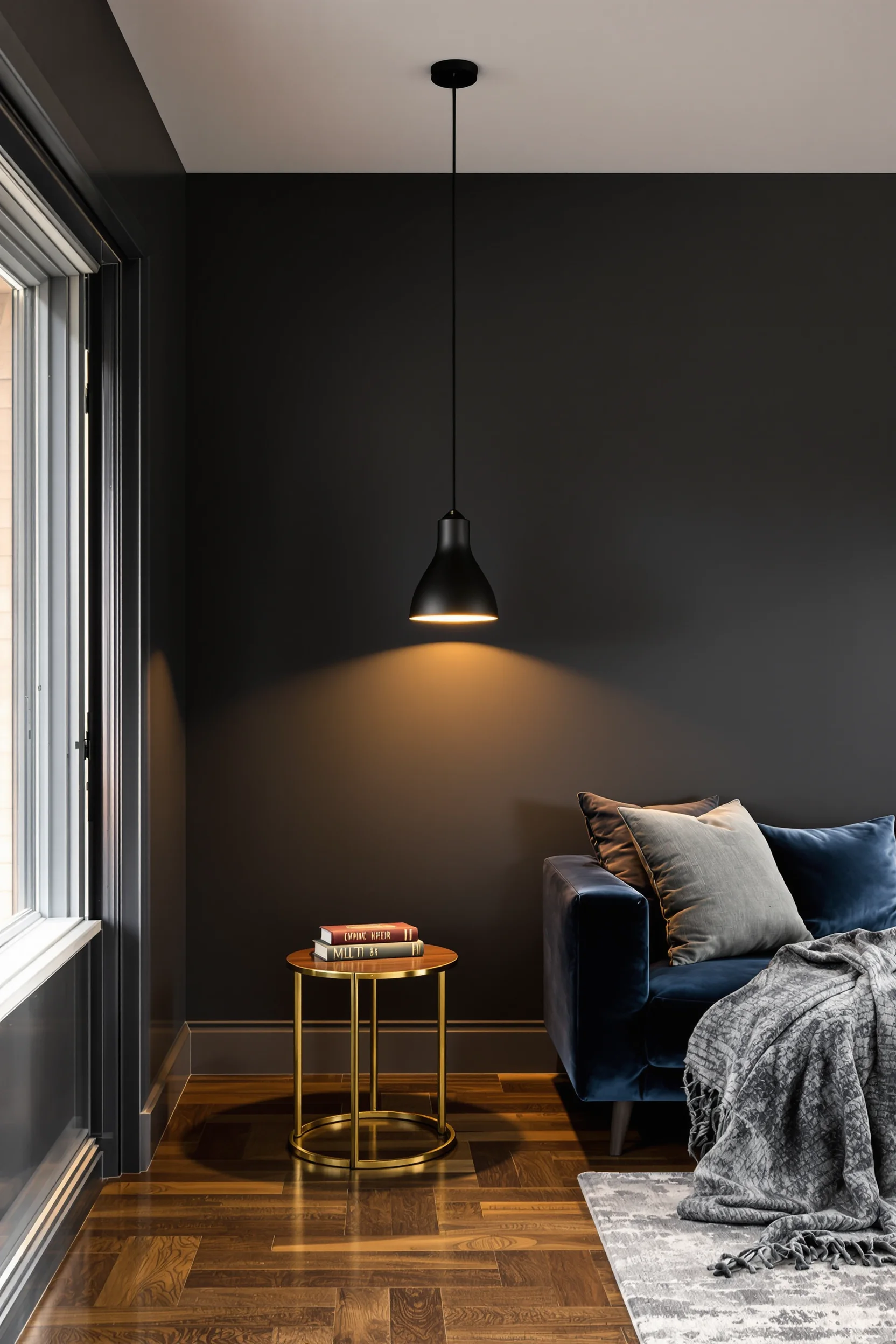dark apartment decor ideas featuring sculptural pendant light casting warm glow over navy velvet sofa and walnut floors