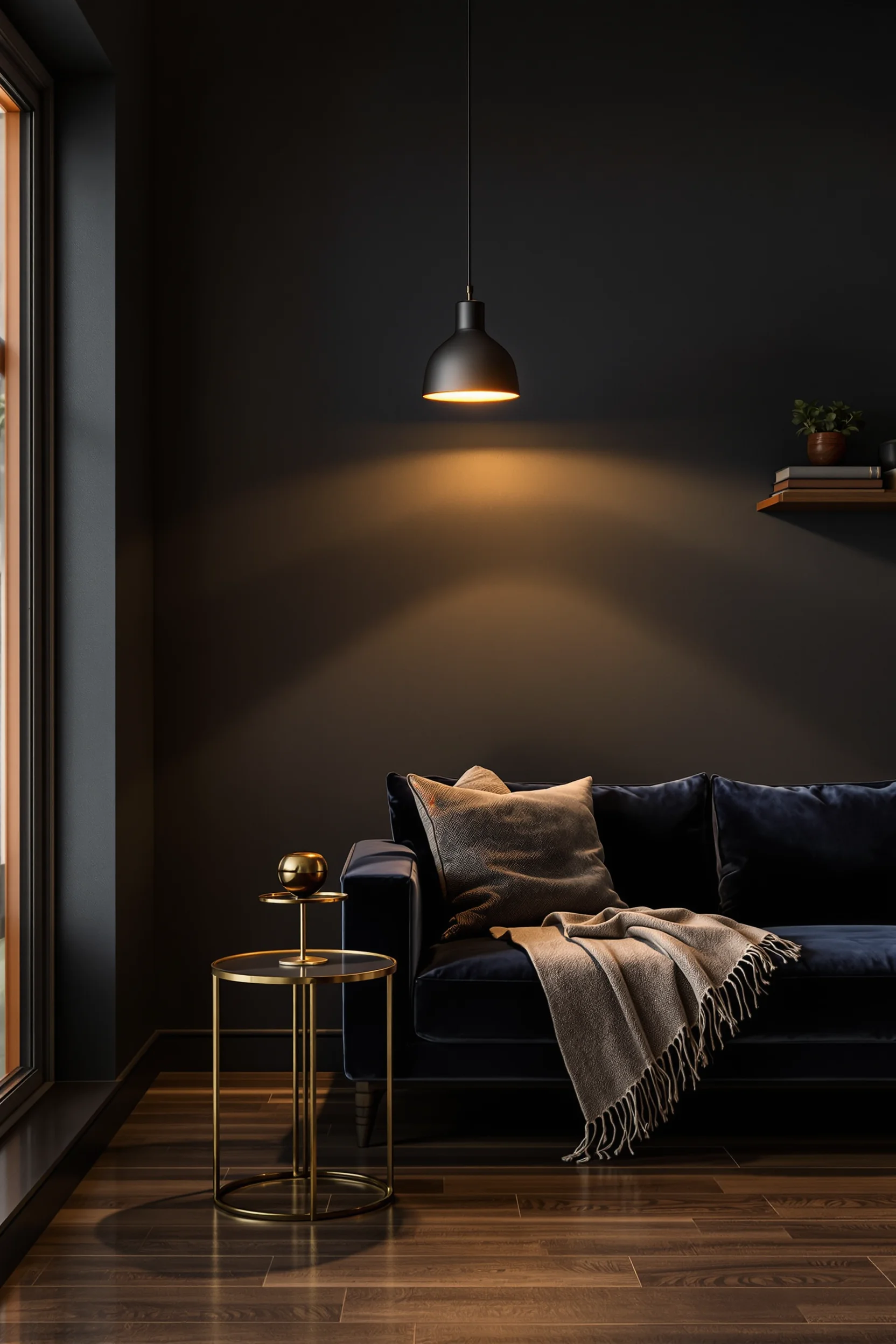 dark apartment decor inspiration displaying matte black ceiling fixture creating dramatic shadows across textured living room