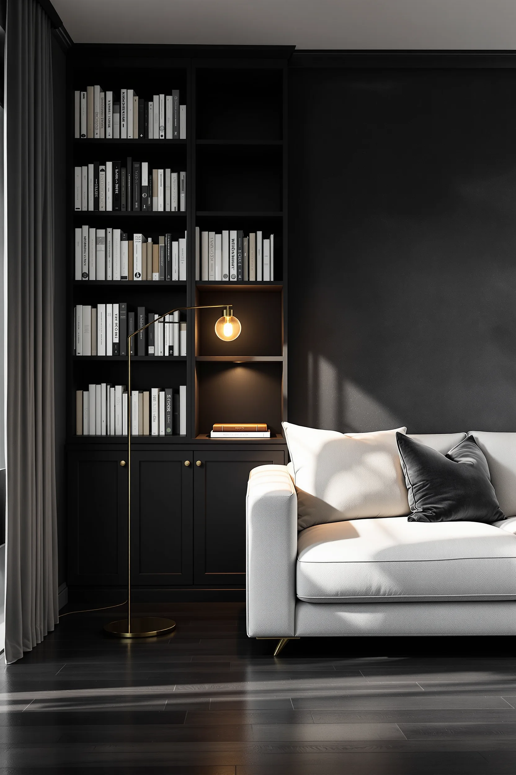 dark apartment ideas featuring black built in shelving with white books and warm lighting in modern living room