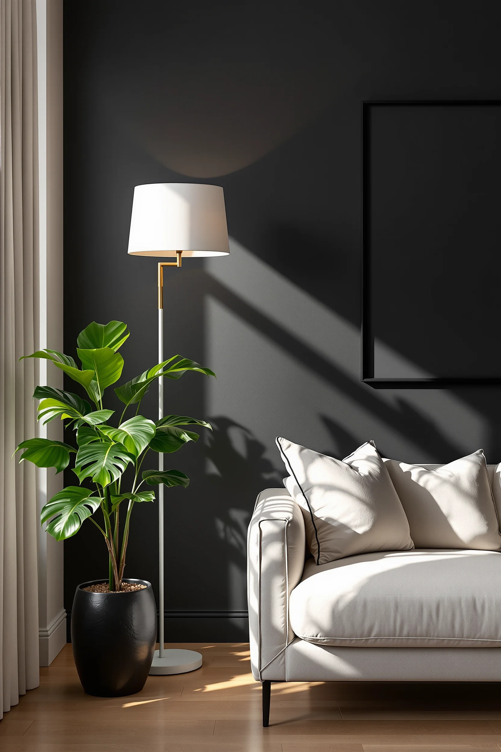 dark modern apartment aesthetics displaying layered composition with foreground and background separation in moody living room setting