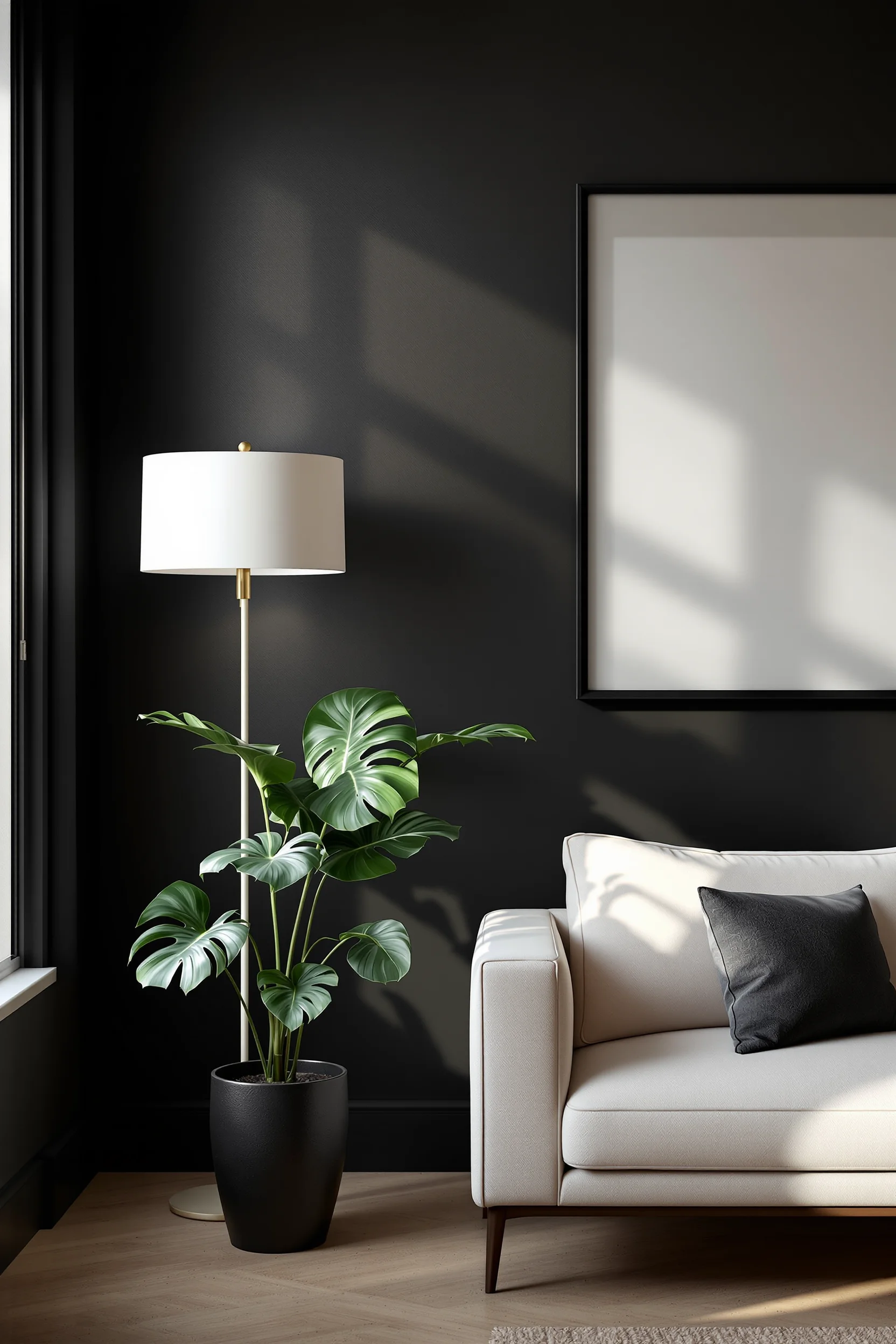 dark modern apartment designs showing textured charcoal wall brass hardware detail and natural oak flooring with ambient lighting