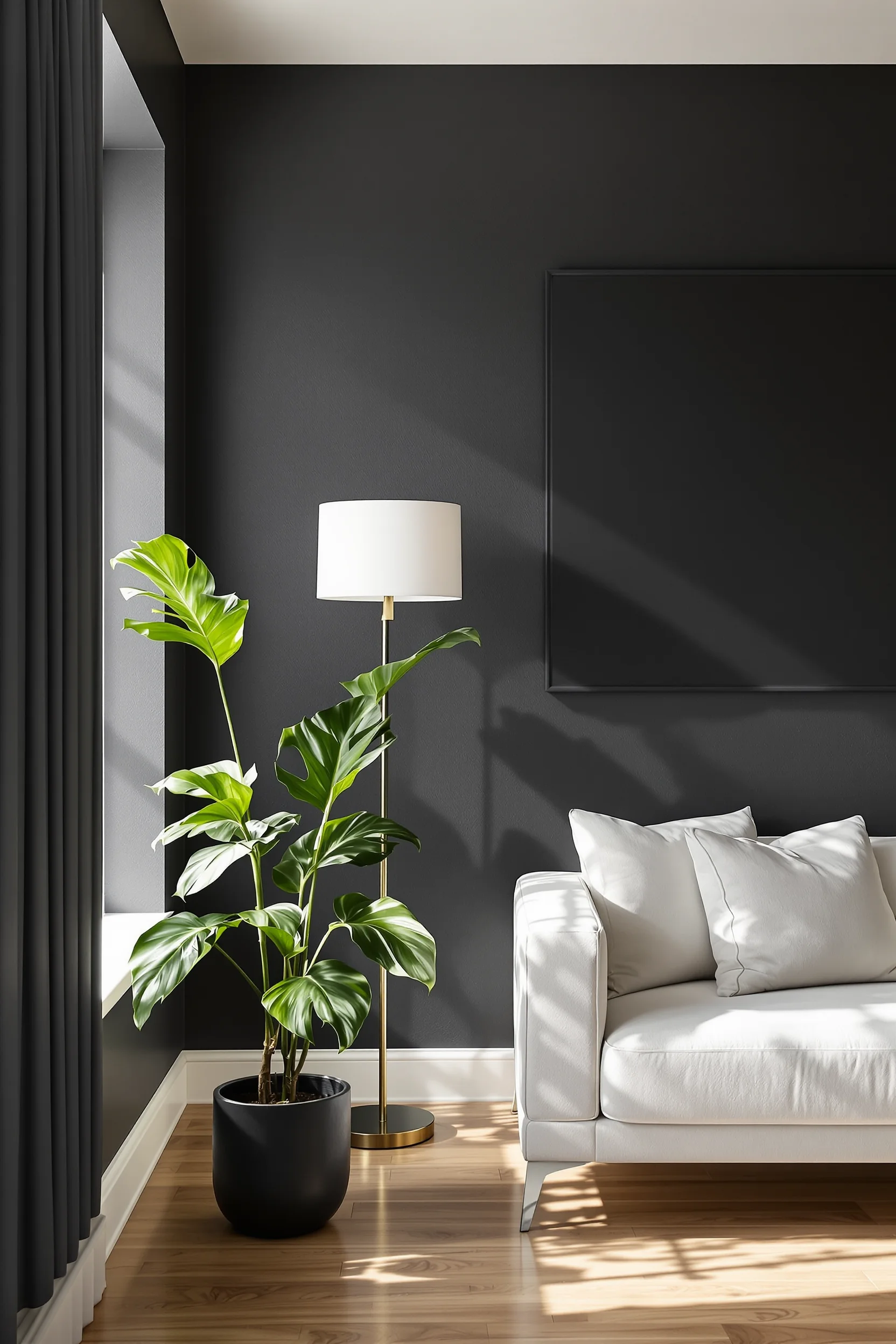 dark modern apartment ideas featuring charcoal walls white sculptural lamp cream sofa and dramatic side lighting creating depth