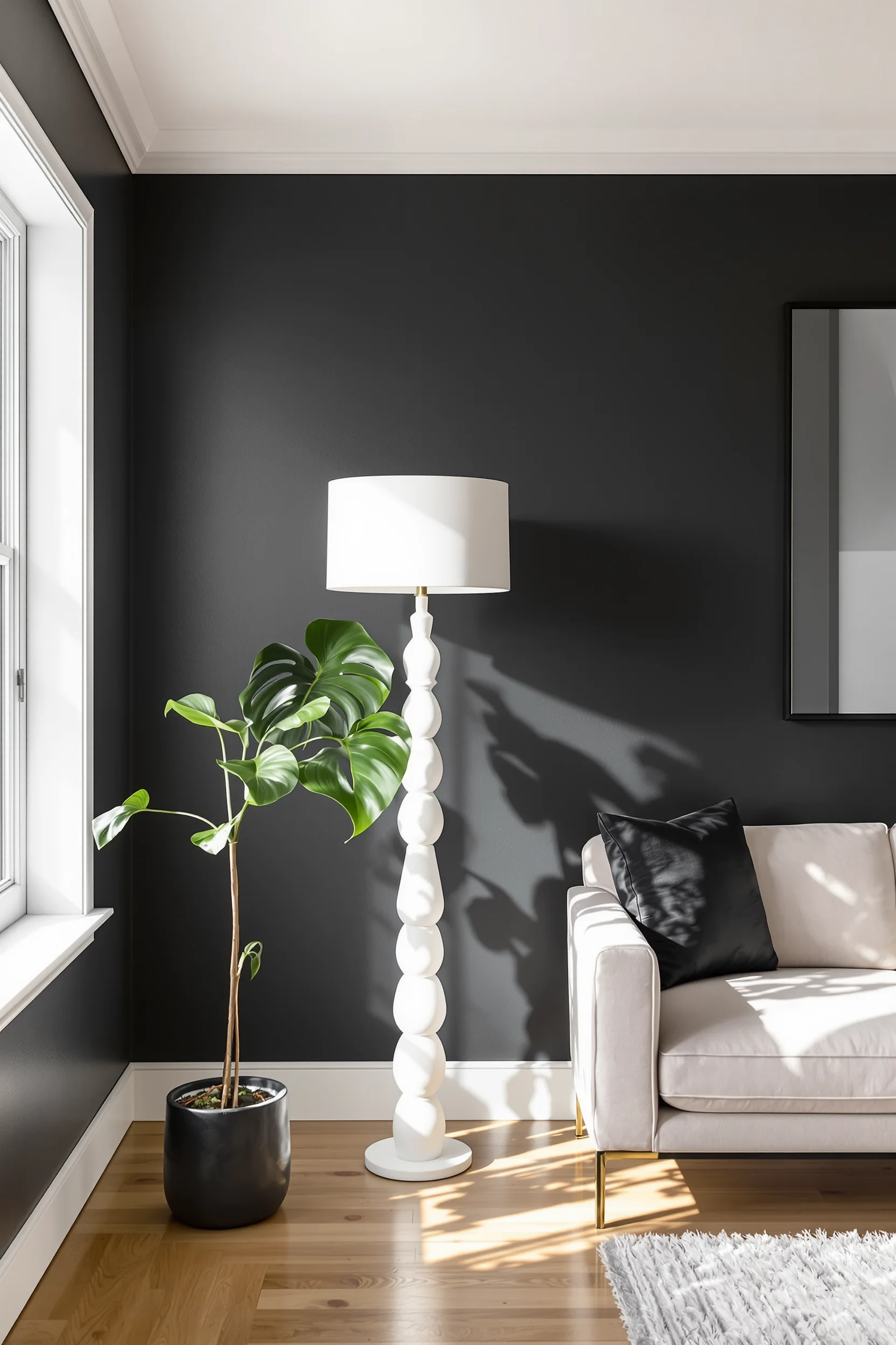 dark modern apartment inspiration with matte black accents monstera plant in ceramic pot and window light streaming through