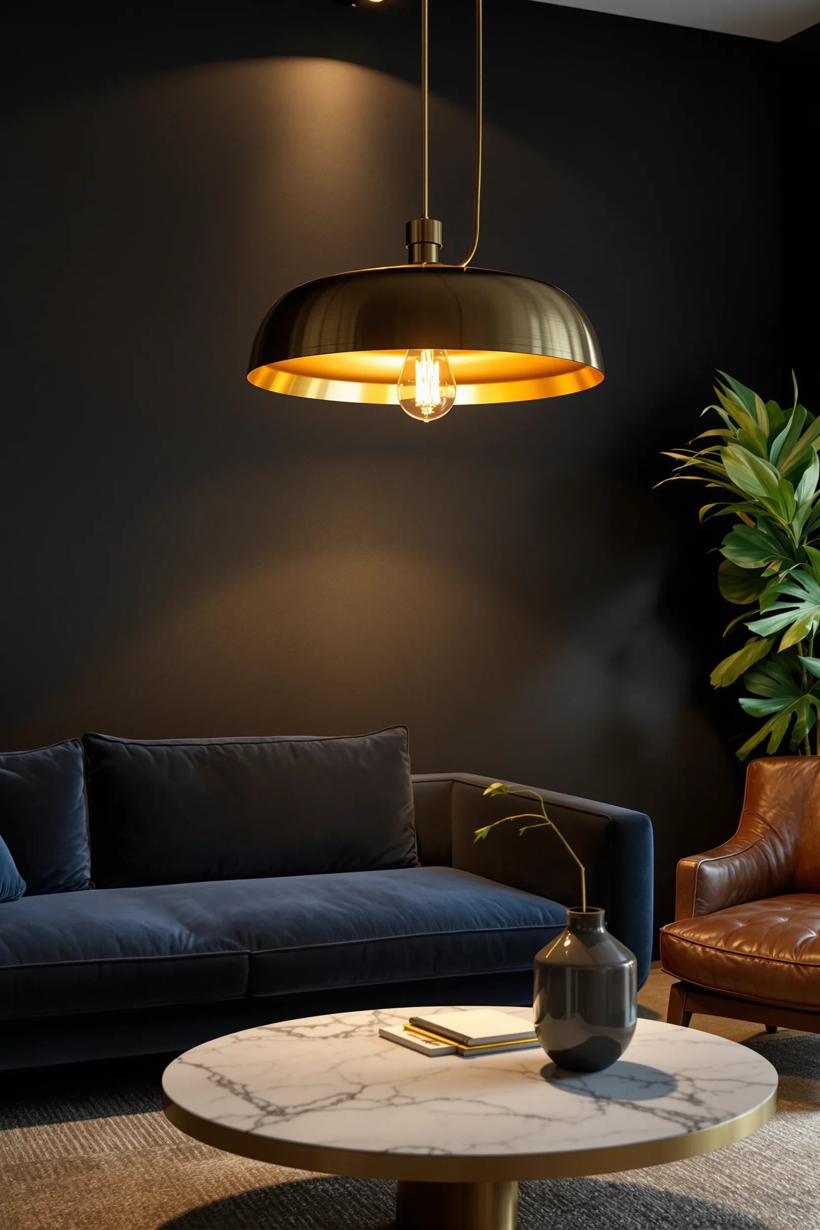 dark studio apartment designs showcasing dramatic brass lighting fixture above marble coffee table in moody space