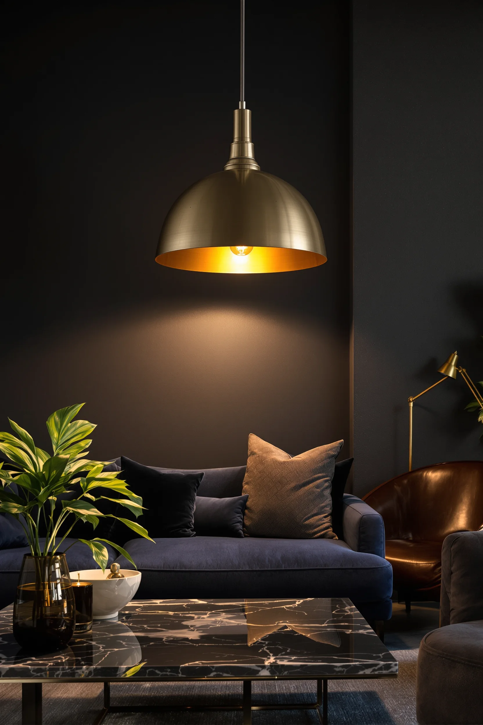 dark studio apartment ideas featuring oversized brass pendant light against matte black walls with navy velvet sofa