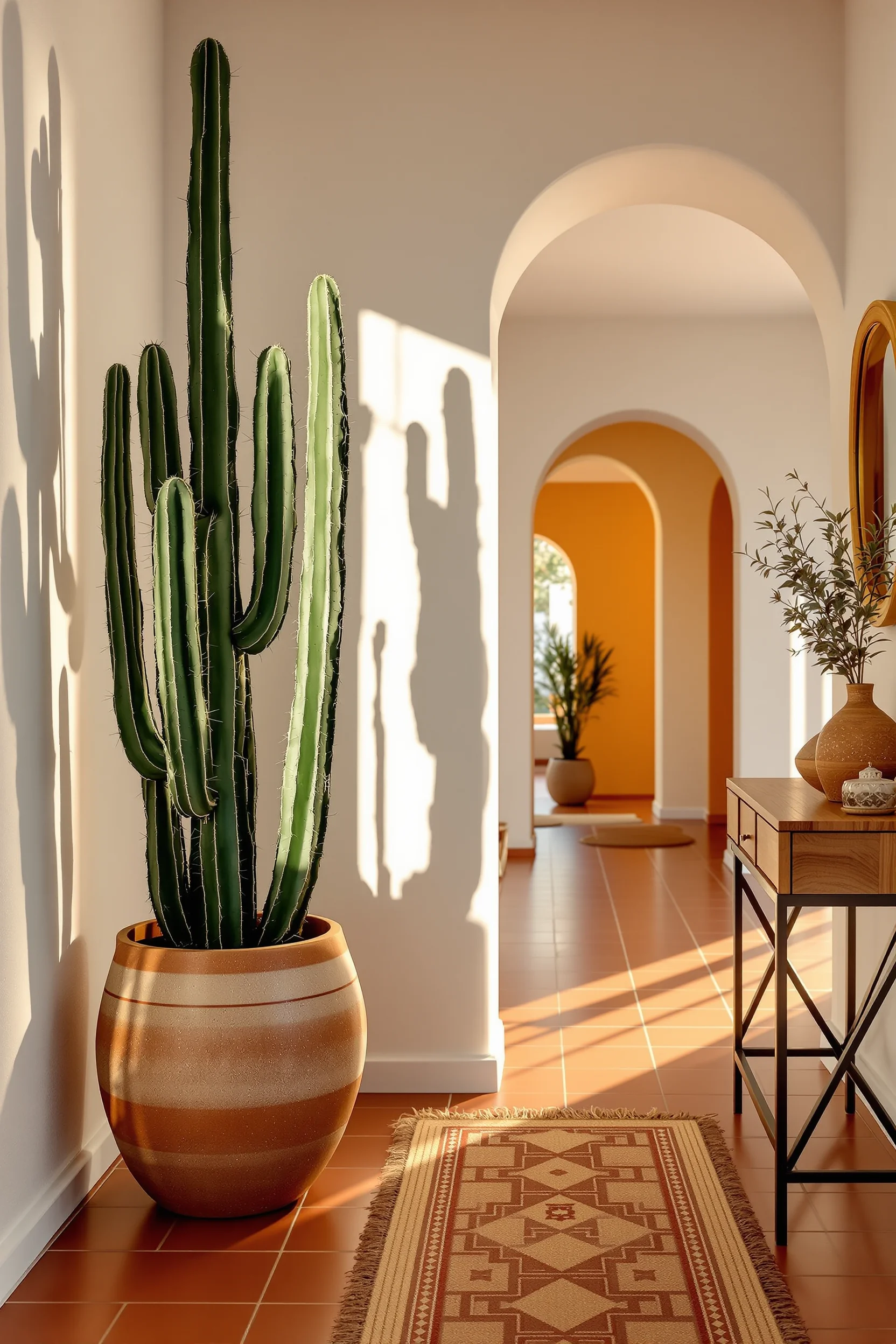 desert hallway aesthetics with bold cactus focal point geometric patterned runner sand tones and professional shallow depth composition