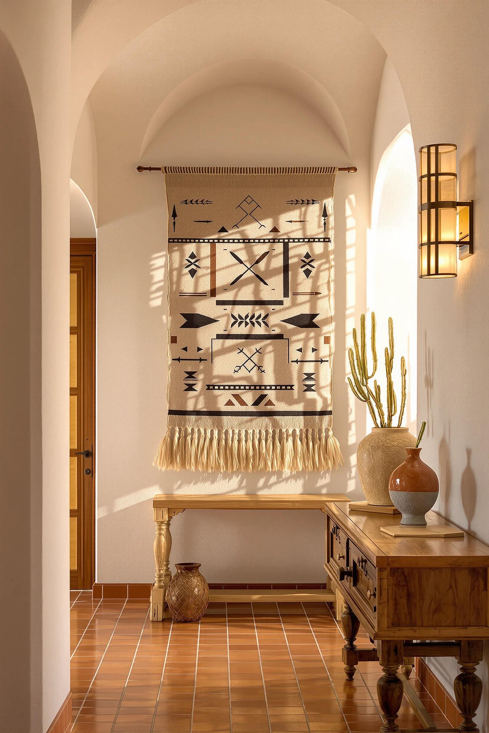 desert hallway decor aesthetics presenting warm southwestern textiles against adobe wall with dramatic shadow patterns and burnt orange tones