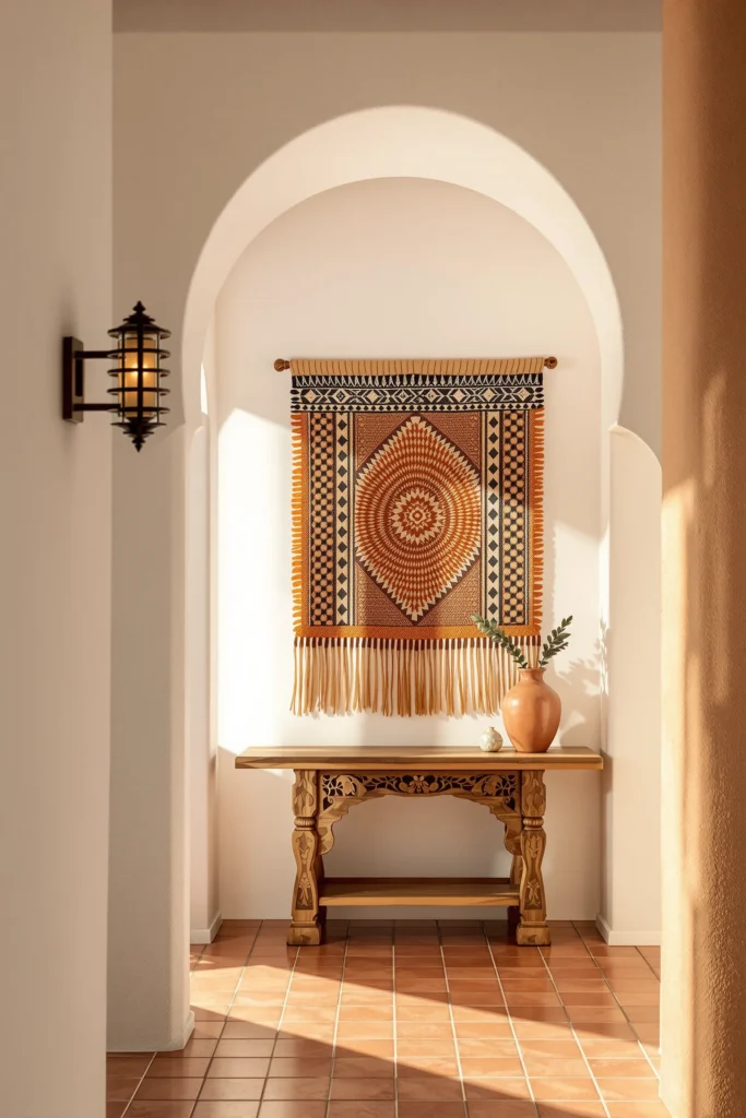 desert hallway decor ideas featuring oversized woven wall hanging above carved wooden console with terracotta tile flooring