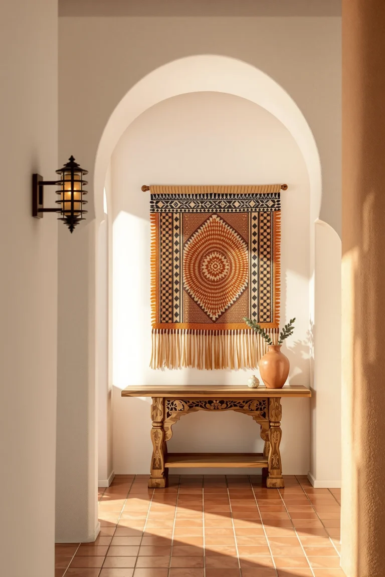 desert hallway decor ideas featuring oversized woven wall hanging above carved wooden console with terracotta tile flooring