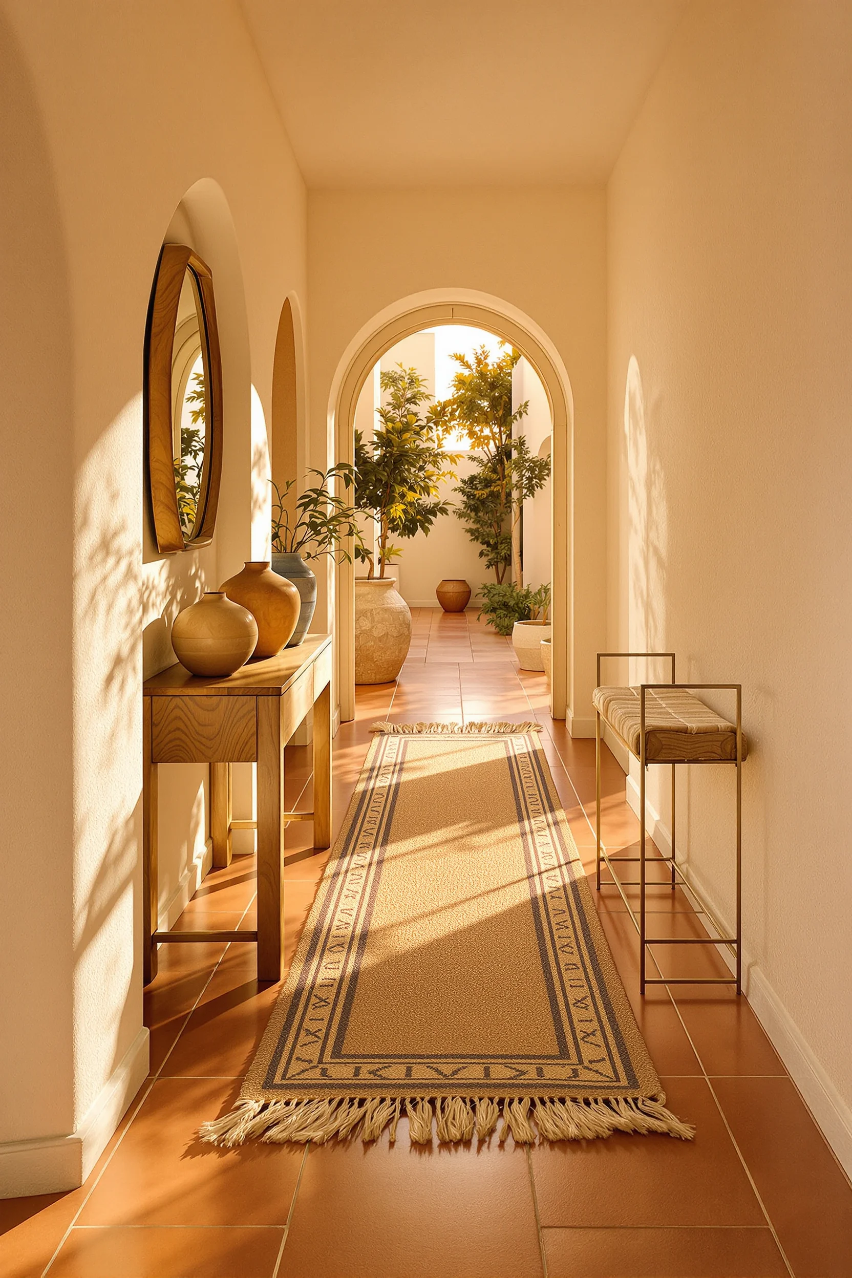 desert narrow hallway decorating ideas featuring natural jute runner on terra cotta tile with warm sunlight and textured walls