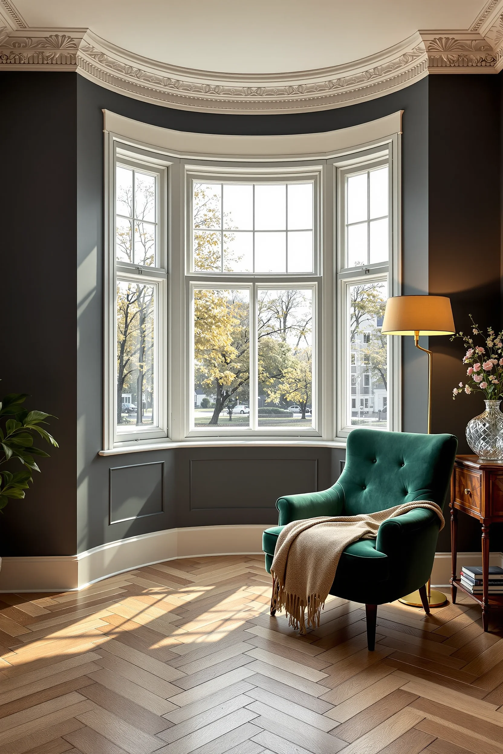 edwardian living room aesthetics showcasing bay window charcoal walls emerald chair herringbone oak floor