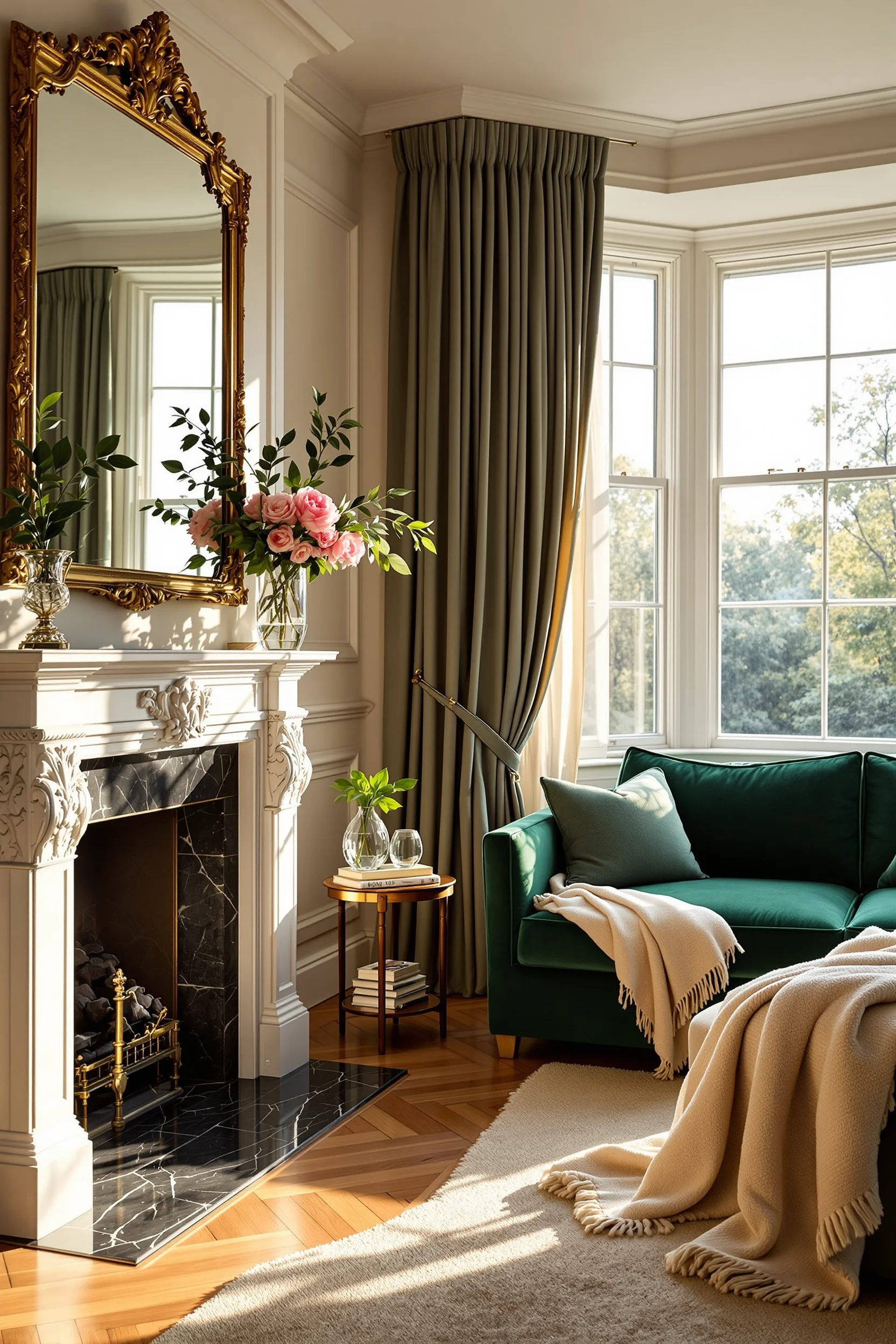 edwardian living room decor aesthetics displaying grand bay windows honey toned oak herringbone flooring crystal vases lived in luxury styling