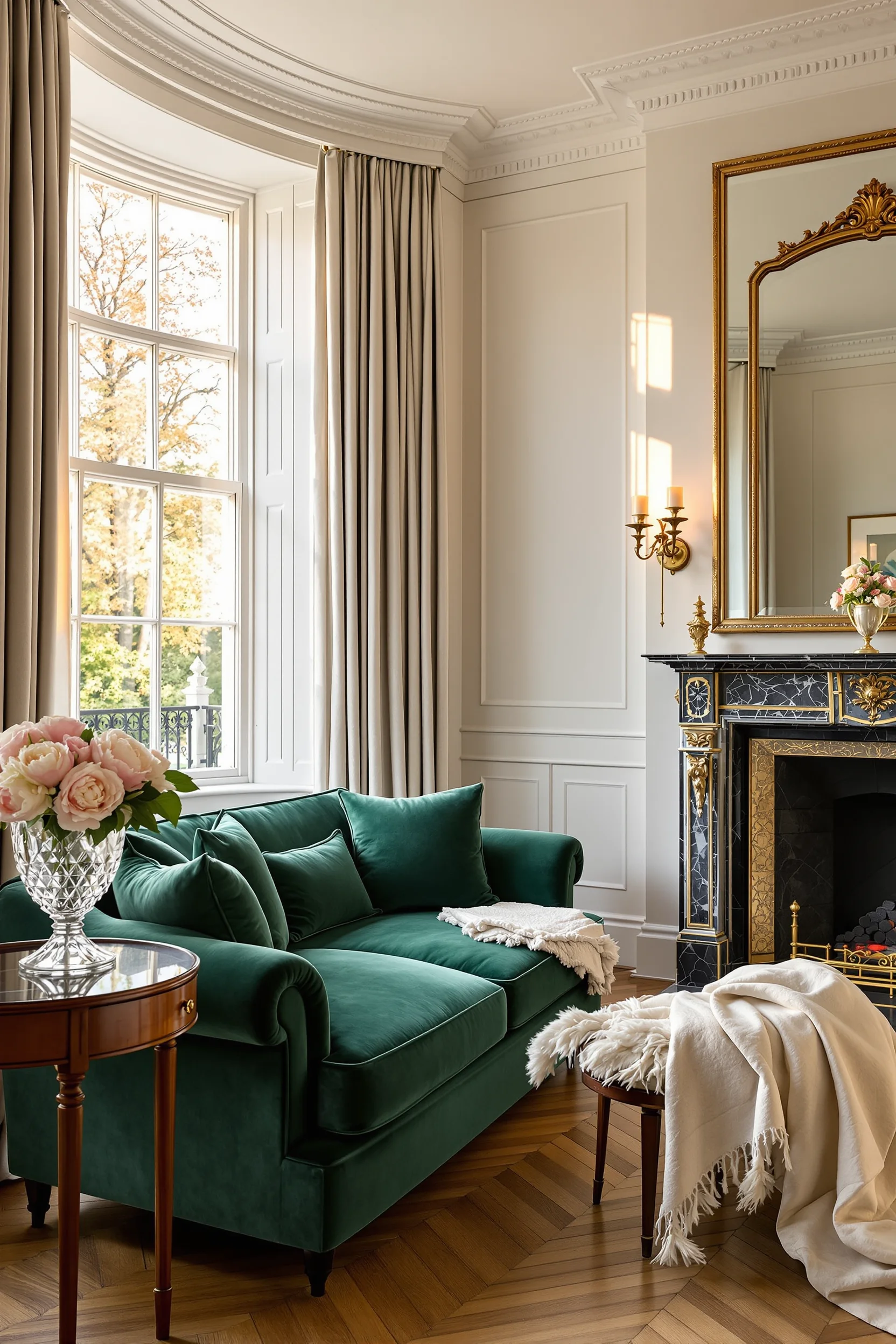edwardian living room decor designs showcasing white wainscoting golden hour lighting through sheer curtains ornate brass fireplace accents gilt mirror
