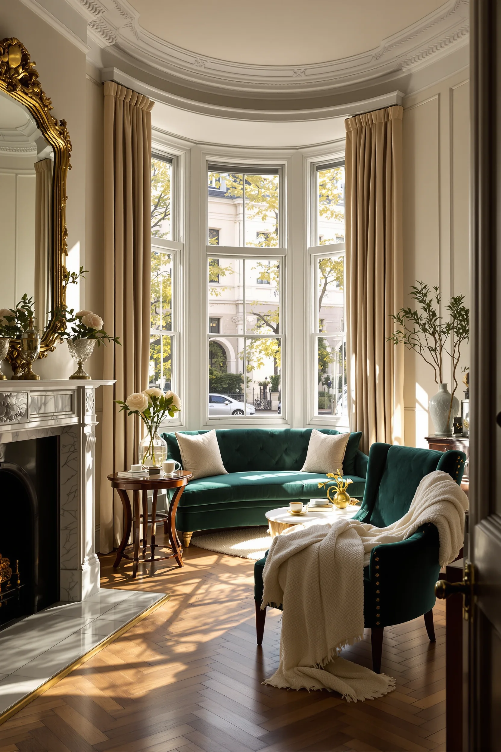 edwardian living room decor ideas featuring emerald velvet sofa bay window with original molding marble fireplace herringbone oak floors