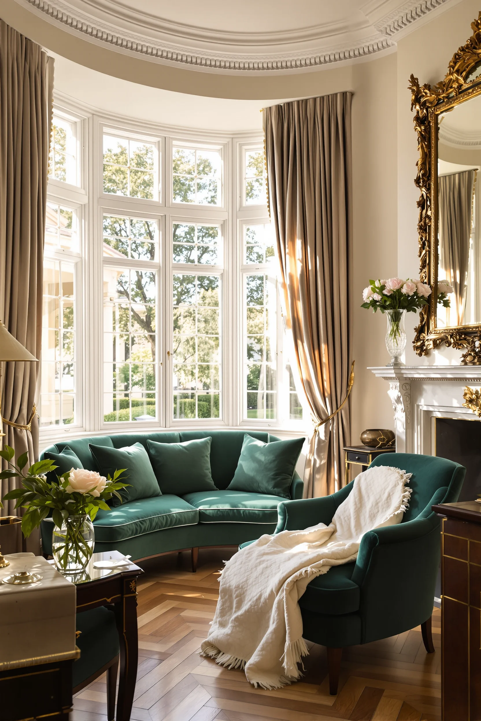 edwardian living room decor inspiration with deep green velvet seating mahogany side table fresh peonies cream throws dramatic natural light