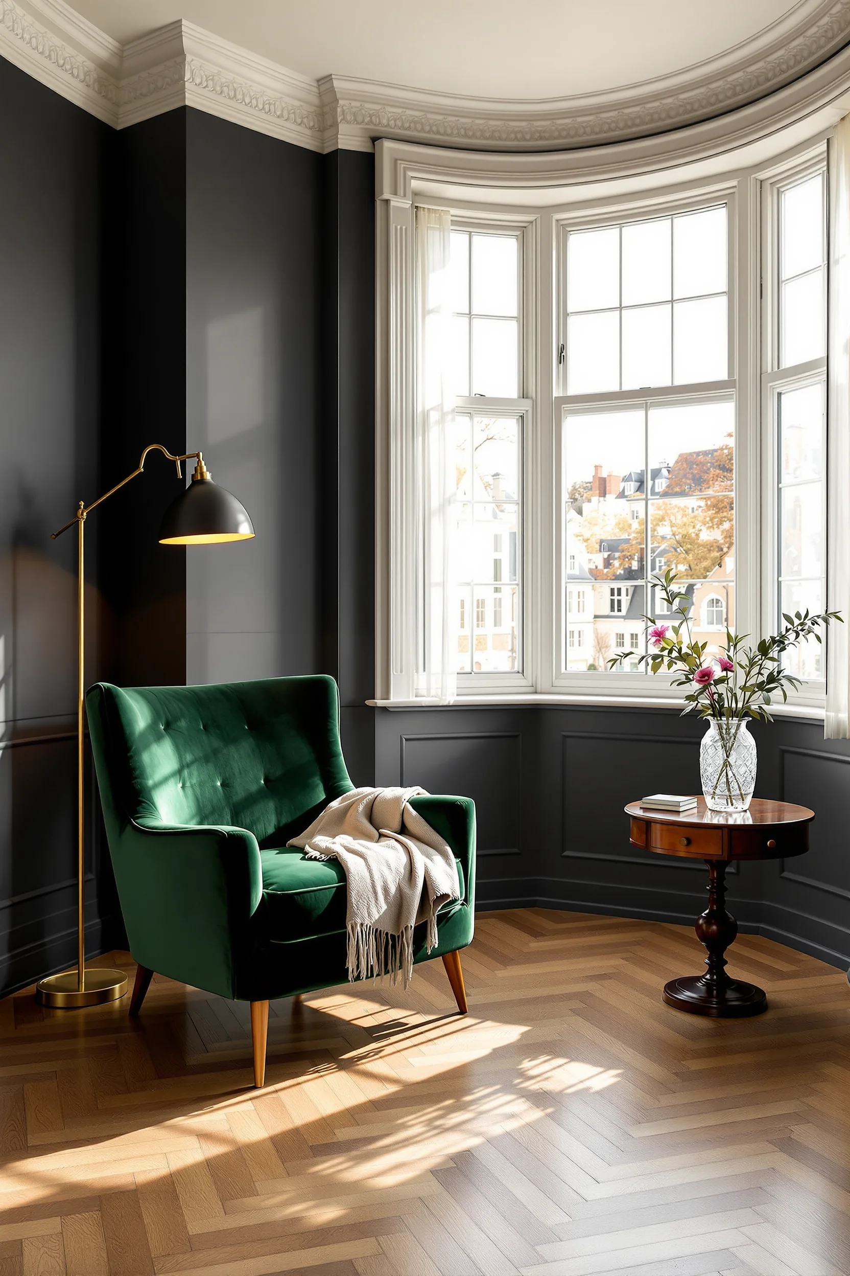 edwardian living room designs featuring dramatic bay window dark gray walls green armchair wooden flooring