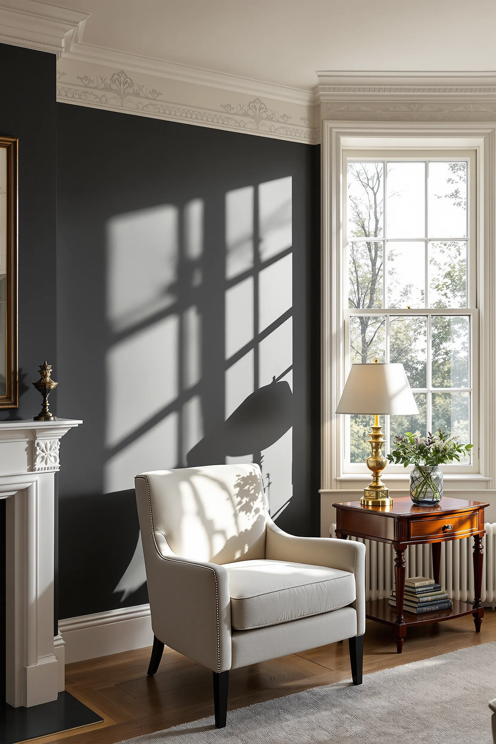 edwardian terrace living room aesthetics displaying rich wool area rug grounding cream and charcoal period interior