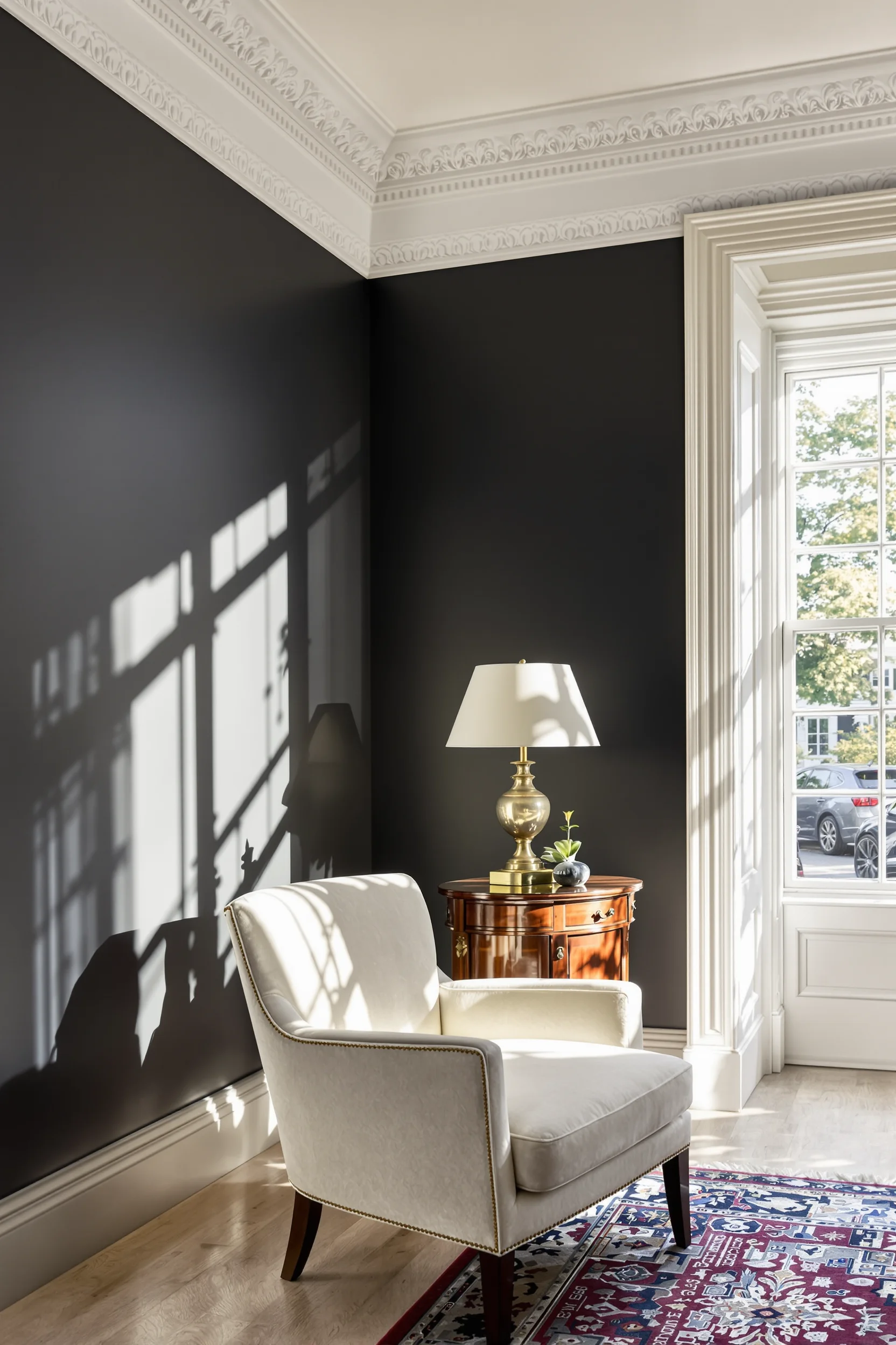 edwardian terrace living room ideas featuring ornate white picture rail against charcoal wall with cream velvet armchair below