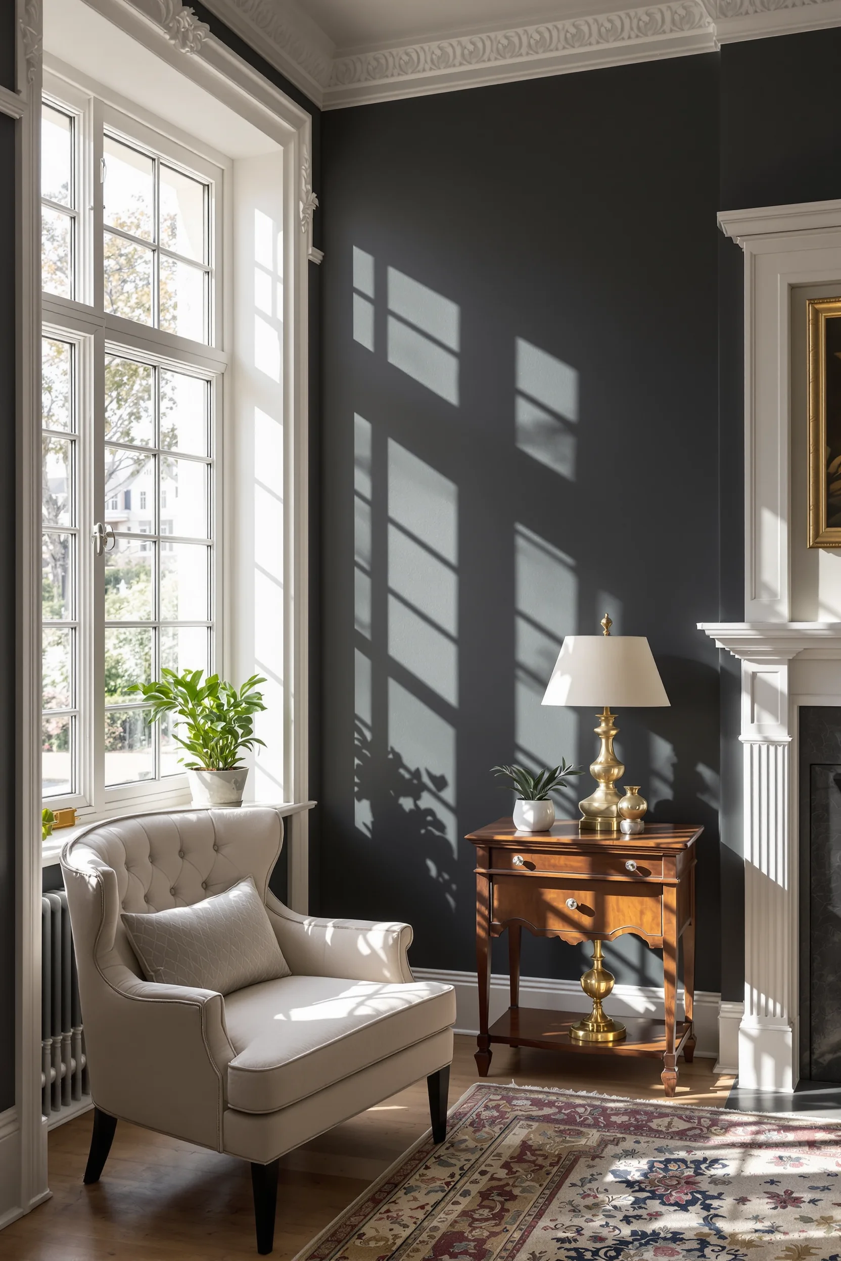 edwardian terrace living room inspiration with cream crown molding and polished brass accent lamp on wooden furniture