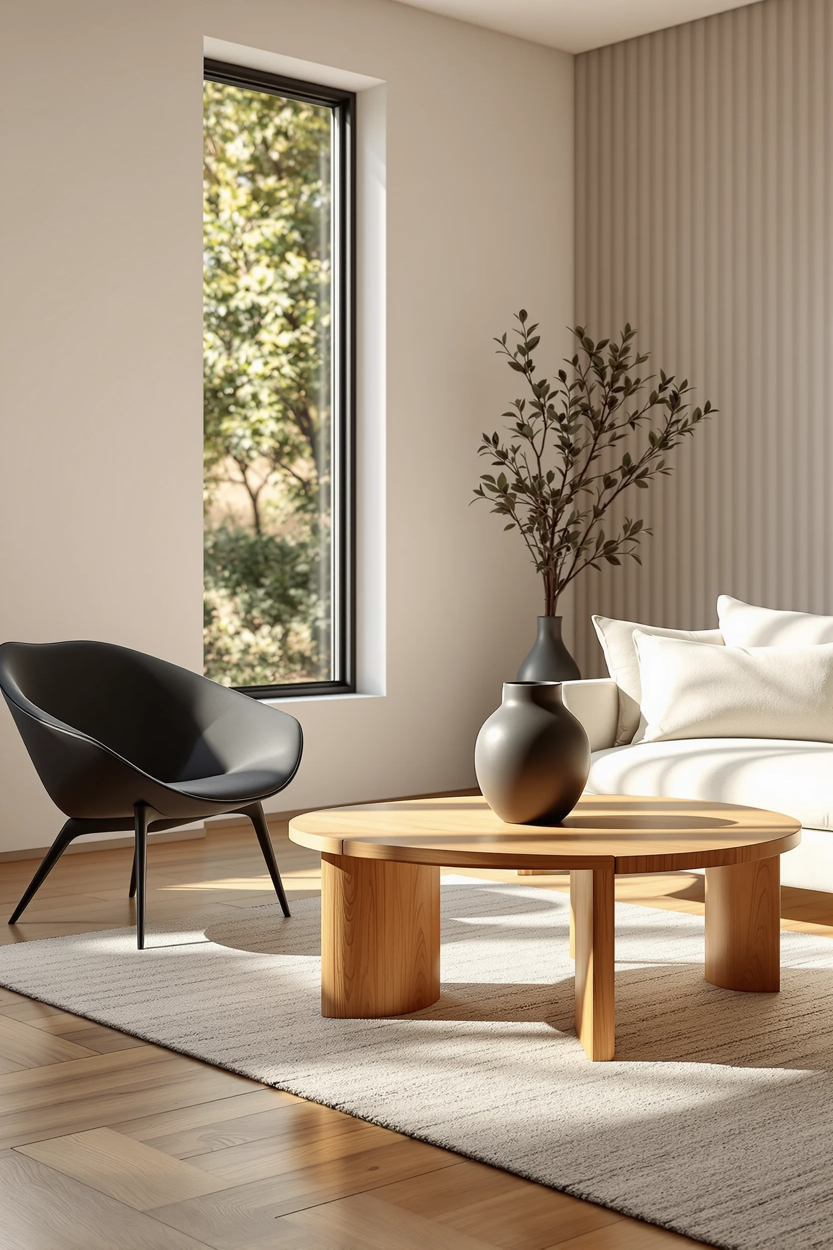 japandi apartment aesthetics displaying textured linen sofa against white walls with wood accents