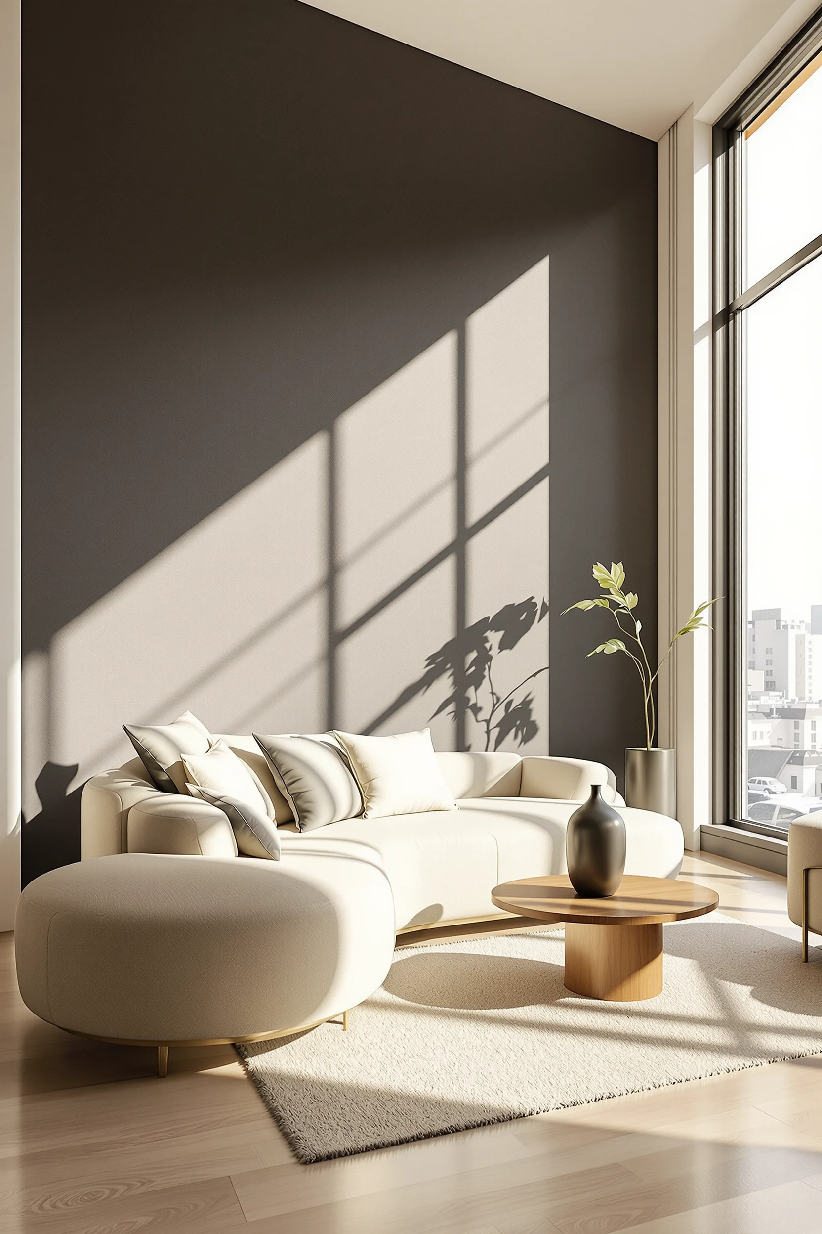 japandi apartment design ideas with floor to ceiling window charcoal wall cream sofa and warm oak flooring in minimalist space