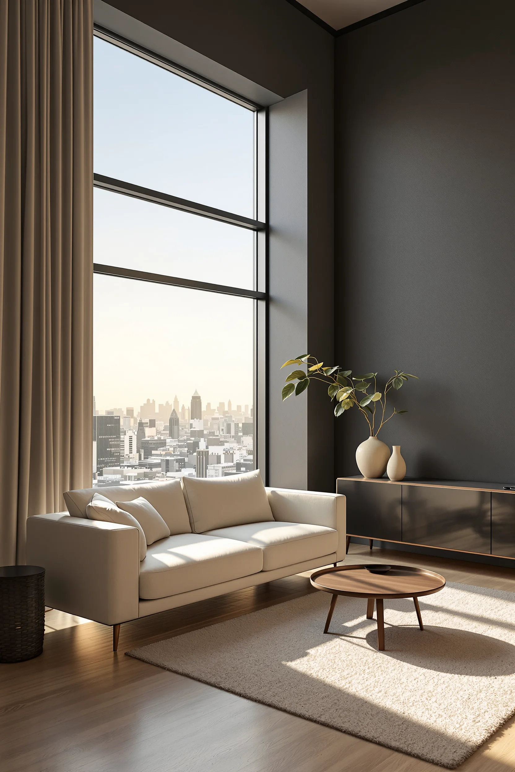 japandi apartment designs featuring natural sunlight low walnut coffee table ceramic vase and handleless black cabinet with city views