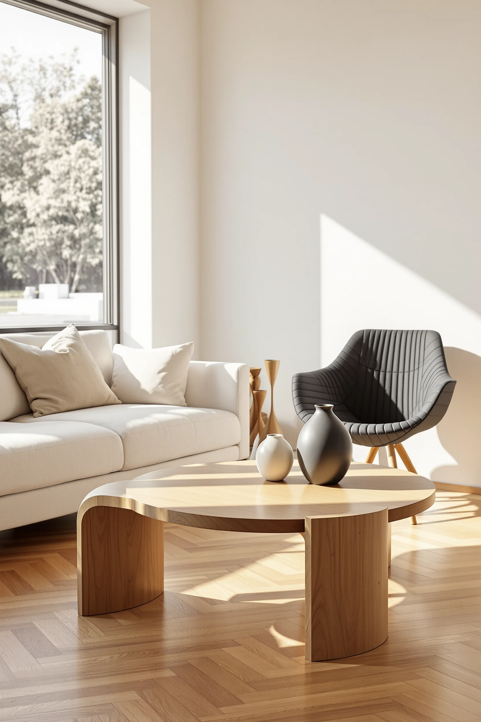 japandi apartment ideas featuring natural wood coffee table with matte black chair in minimal living room