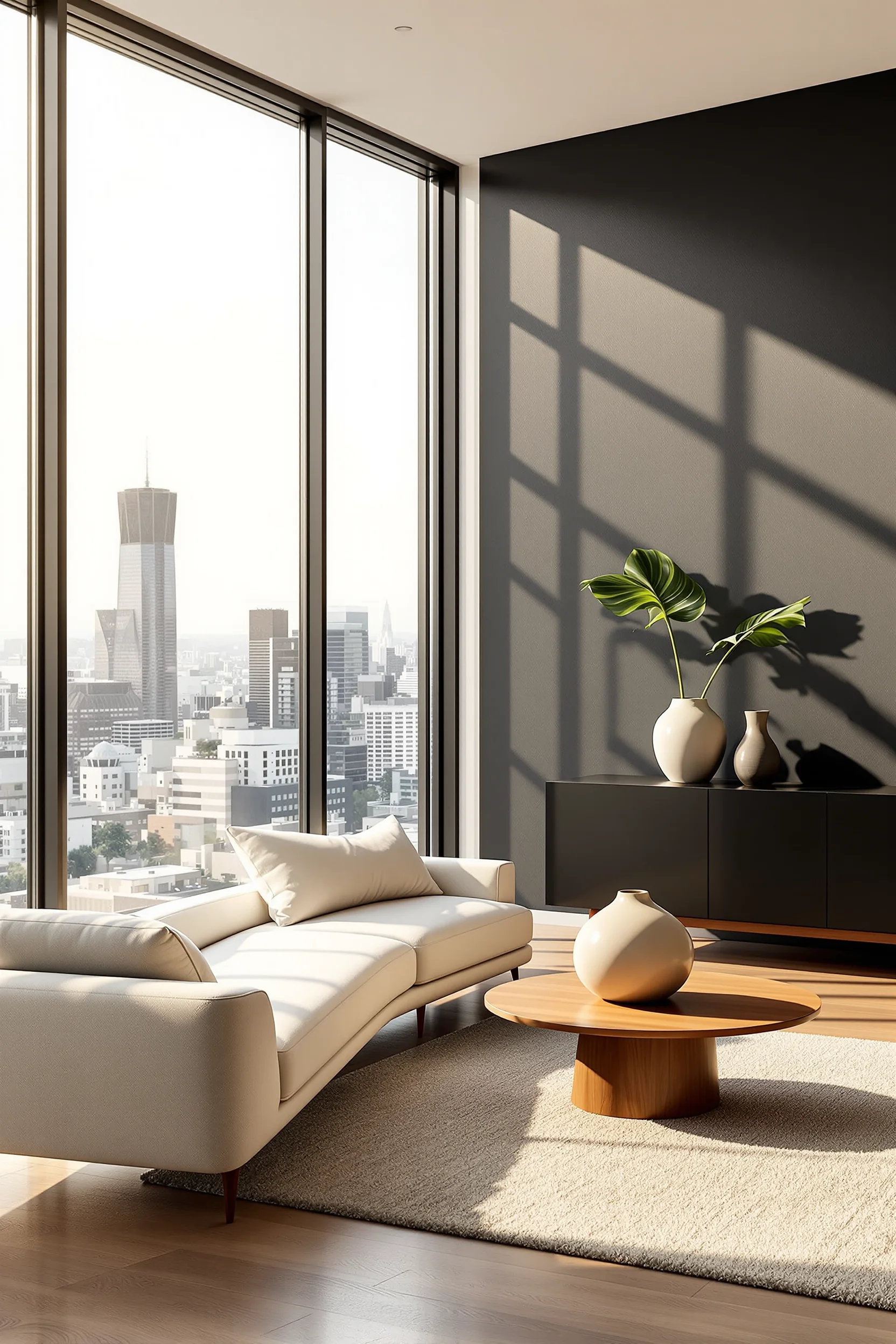japandi apartment inspiration showcasing white walls textured wool rug monstera plant and golden hour lighting in modern living room