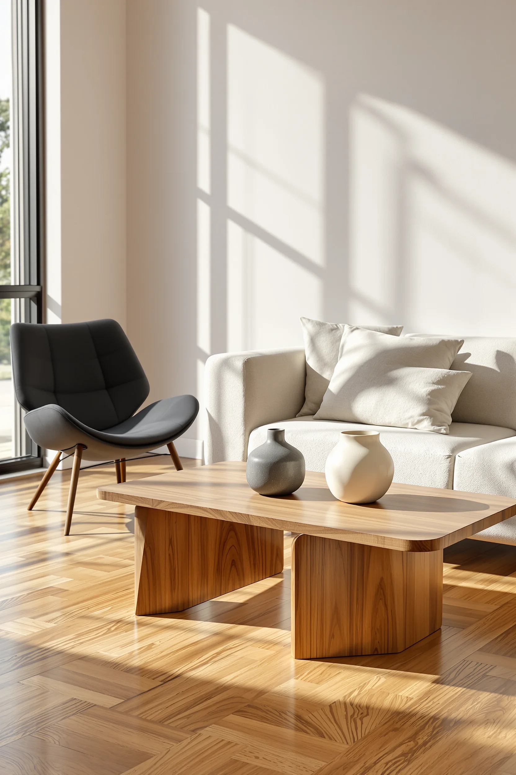 japandi apartment inspiration with oak flooring and sculptural ceramic vase on wood table