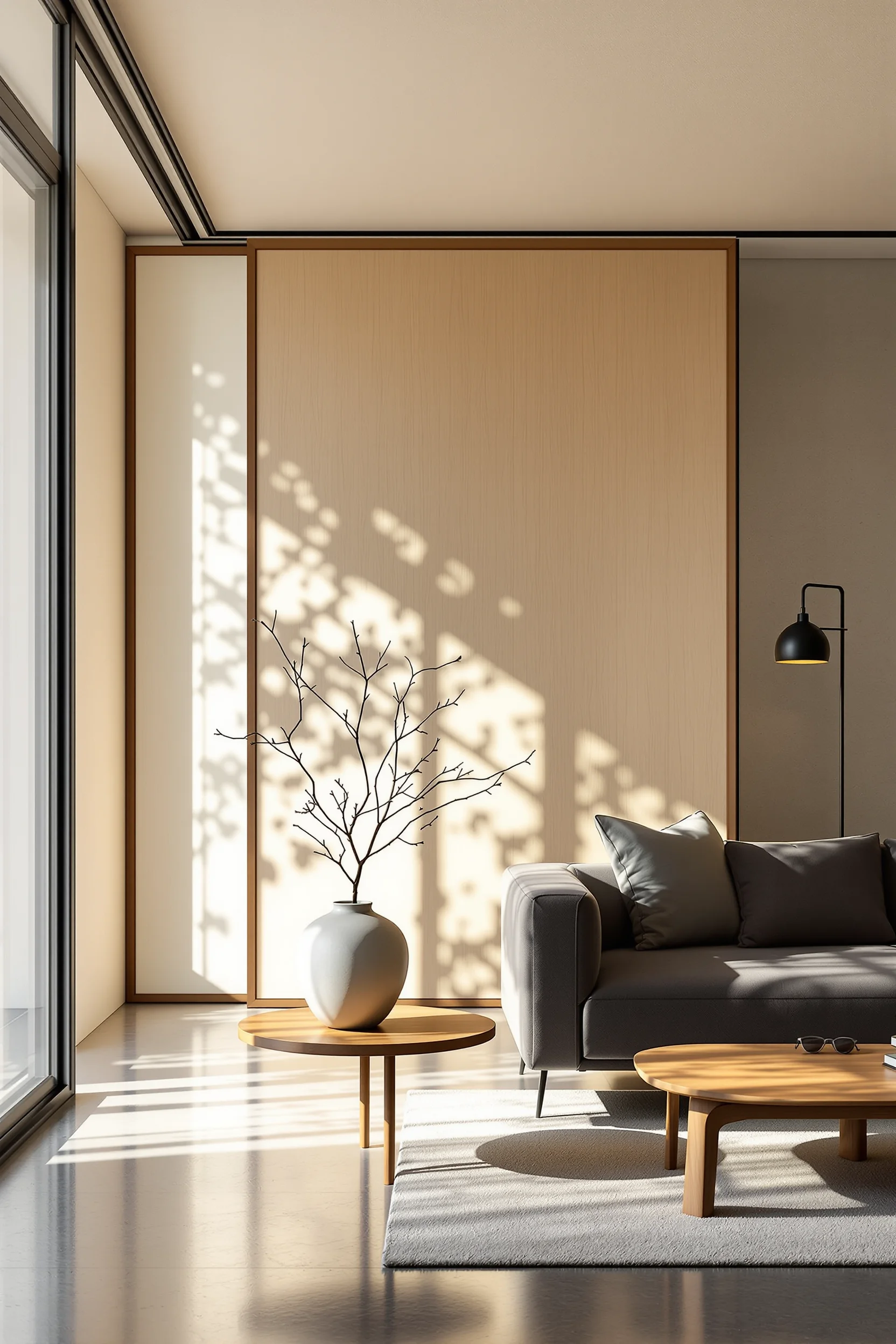 japandi apartment living room designs with white oak walls geometric shadow patterns and handcrafted ceramic vase on walnut coffee table